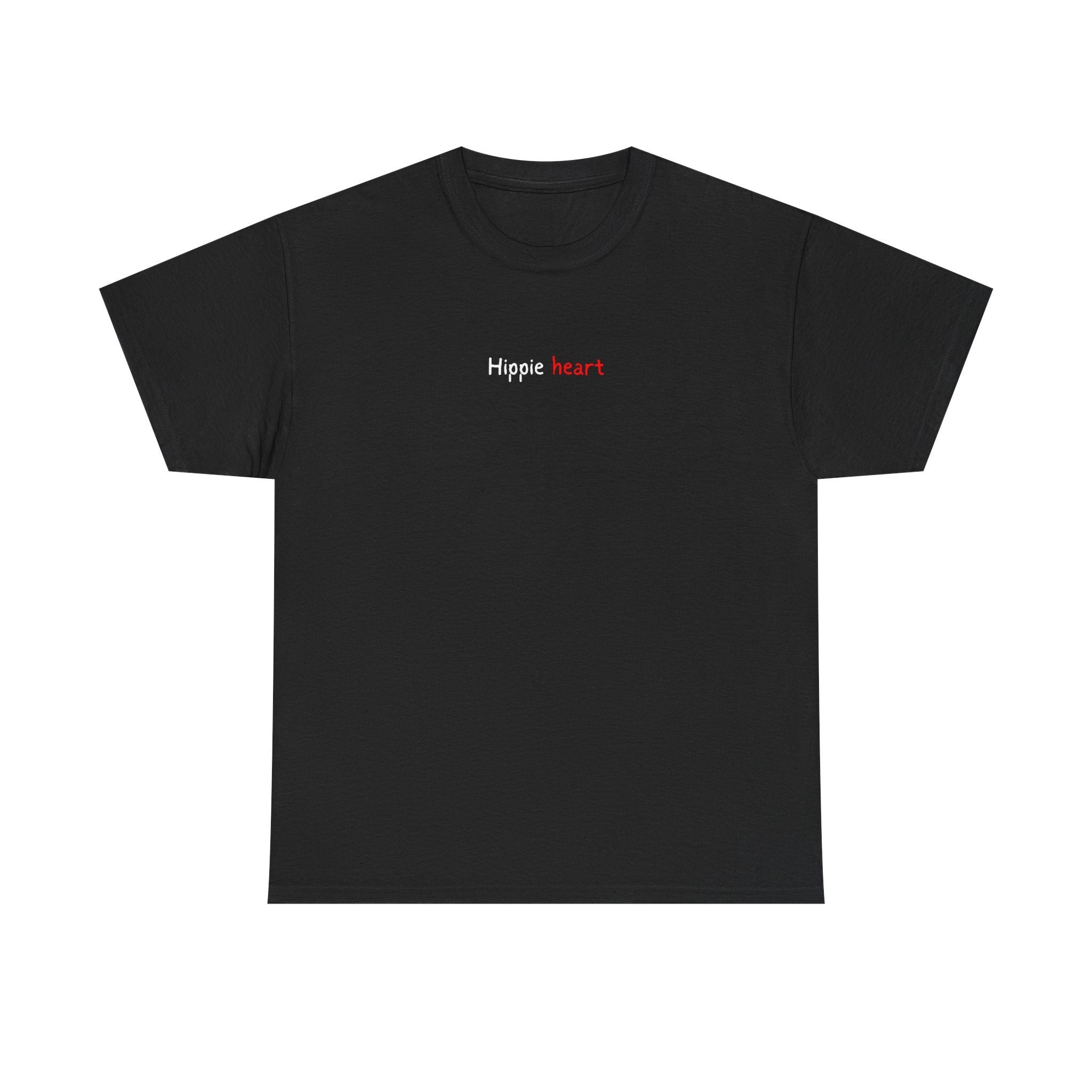 Hippie Heart Black Tee — Minimal Retro Love Graphic T-Shirt
