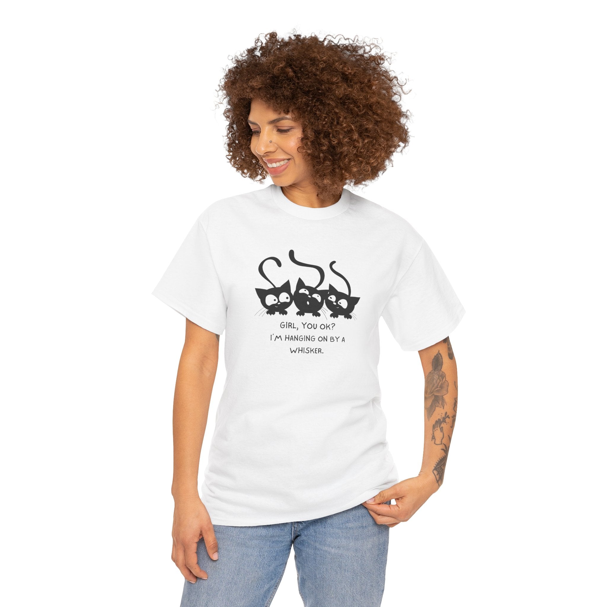 Cat Trio T‑Shirt – “Girl, You OK? I’m Hanging On By A Whisper” Cute Cat Graphic Tee