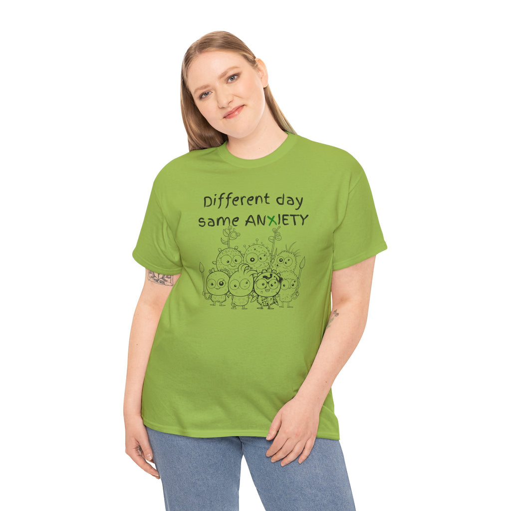 Anxiety Cartoon Tee — "Different day same ANXIETY" Mental Health Graphic T-Shirt