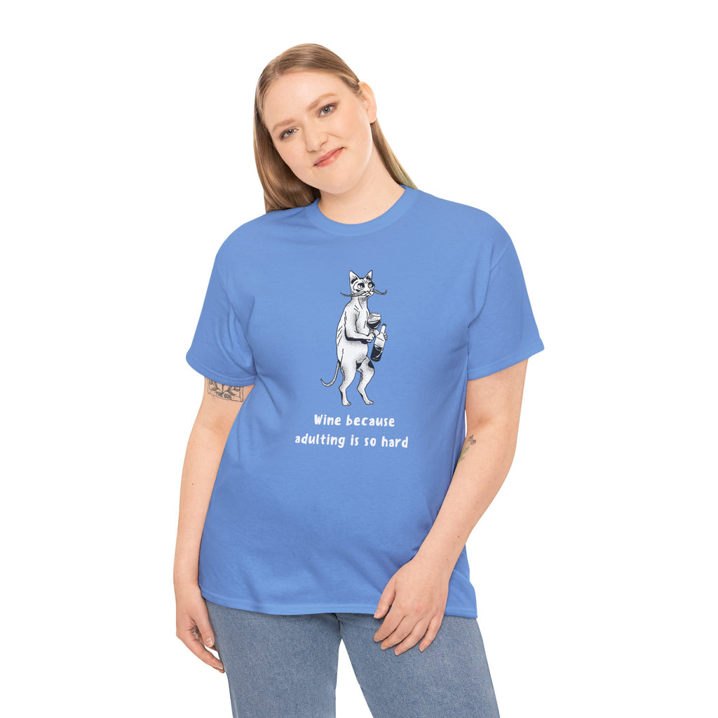 T-Shirt — 'Wine because adulting is so hard' Cat Wine Graphic Tee