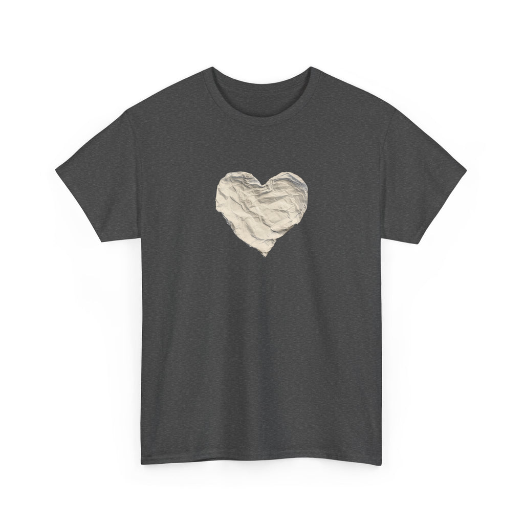 Crinkled Paper Heart Tee - Minimalist White Cotton Shirt