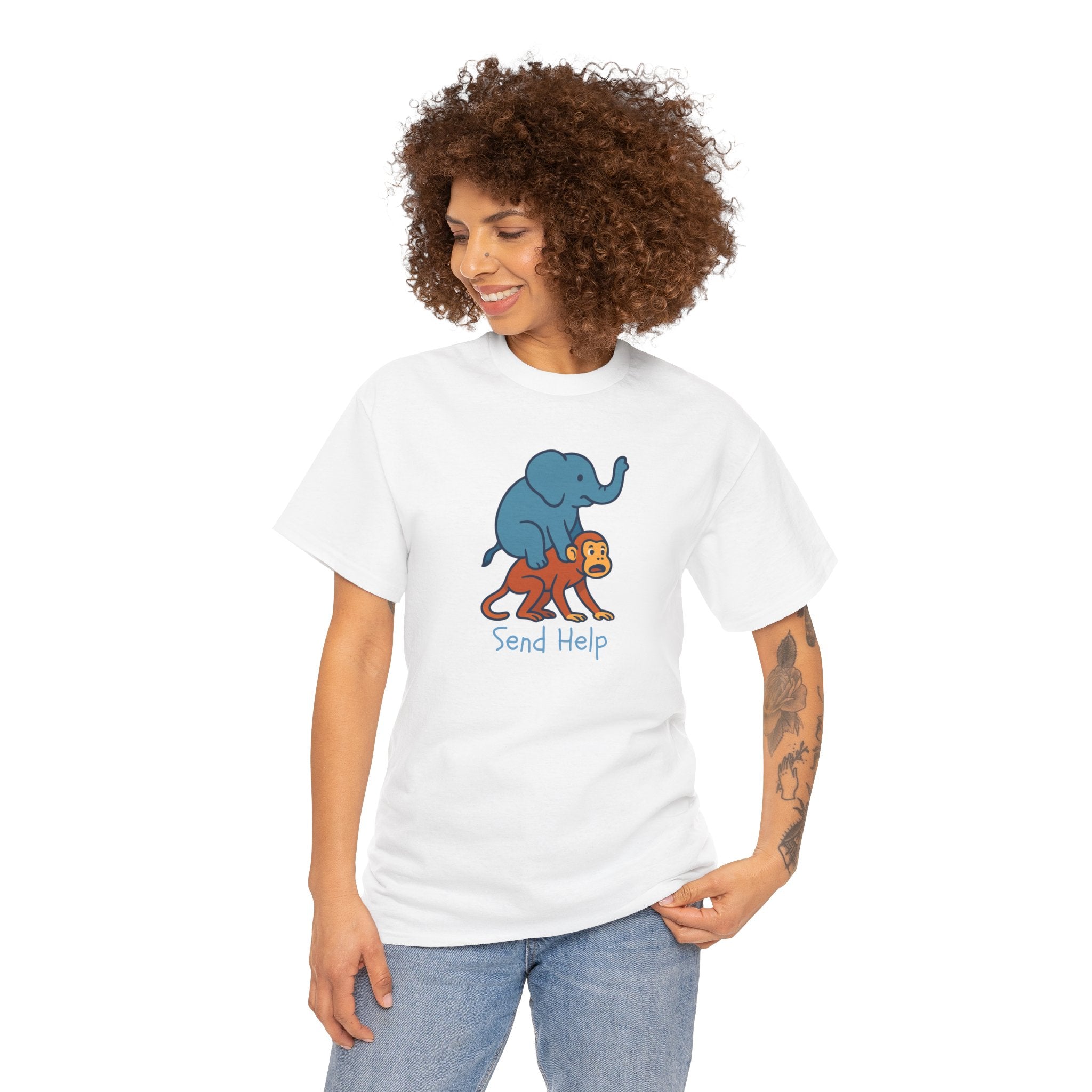 Funny Elephant Riding Monkey T-Shirt — "Send Help" Graphic Tee