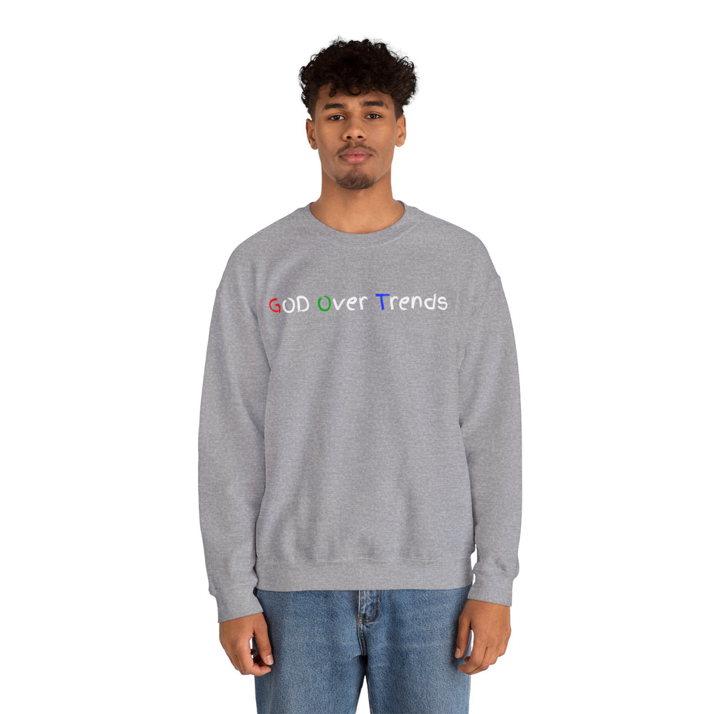 Crewneck Sweatshirt — "GOD over Trends" Colorful Faith Graphic