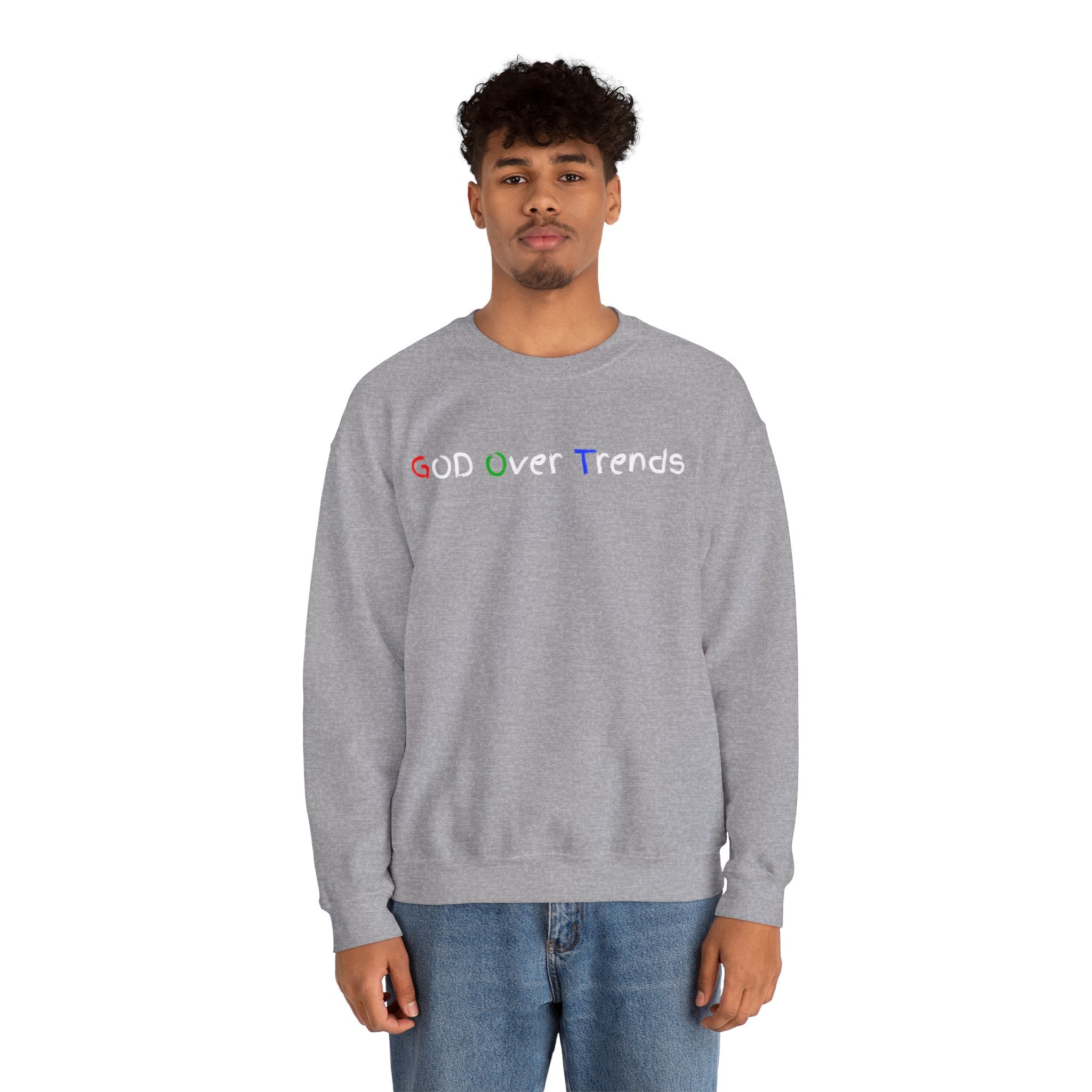 Crewneck Sweatshirt — "GOD over Trends" Colorful Faith Graphic