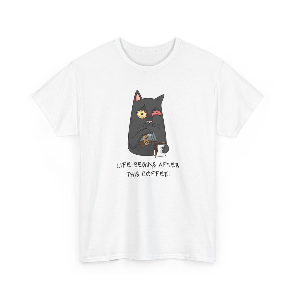 Cat Coffee T-Shirt — "Life Begins After This Coffee" Cute Cat Graphic Tee
