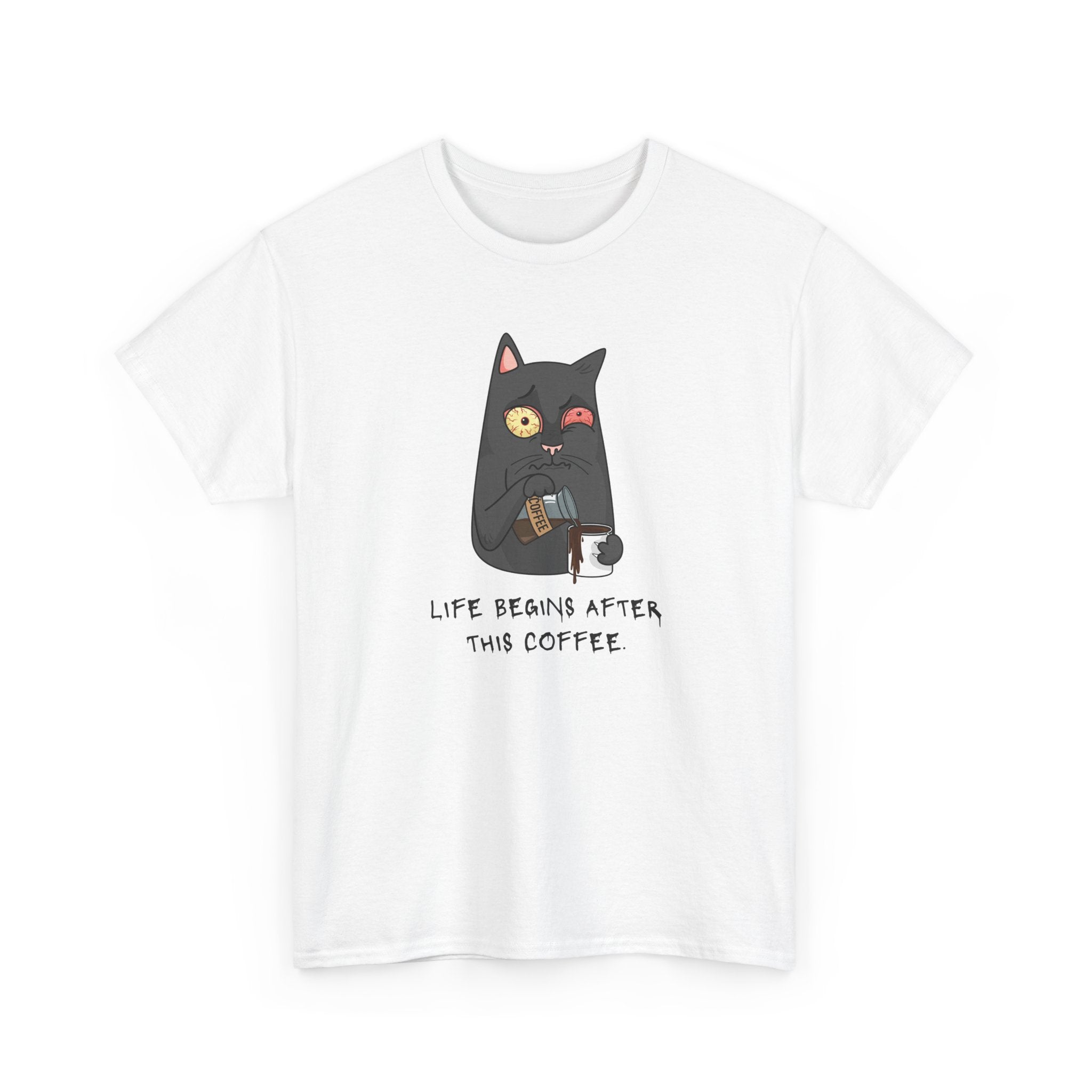 Cat Coffee T-Shirt — "Life Begins After This Coffee" Cute Cat Graphic Tee