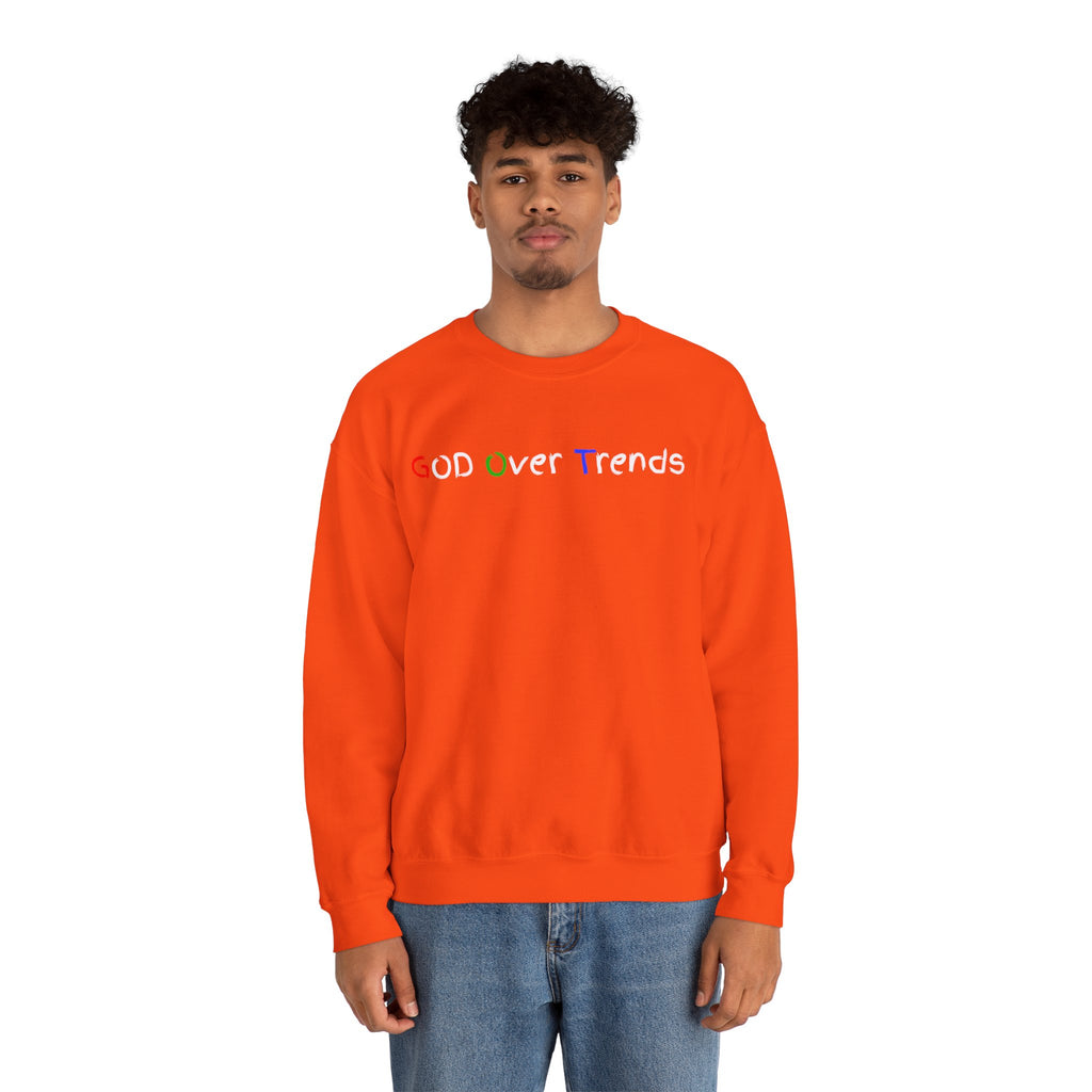 Crewneck Sweatshirt — "GOD over Trends" Colorful Faith Graphic