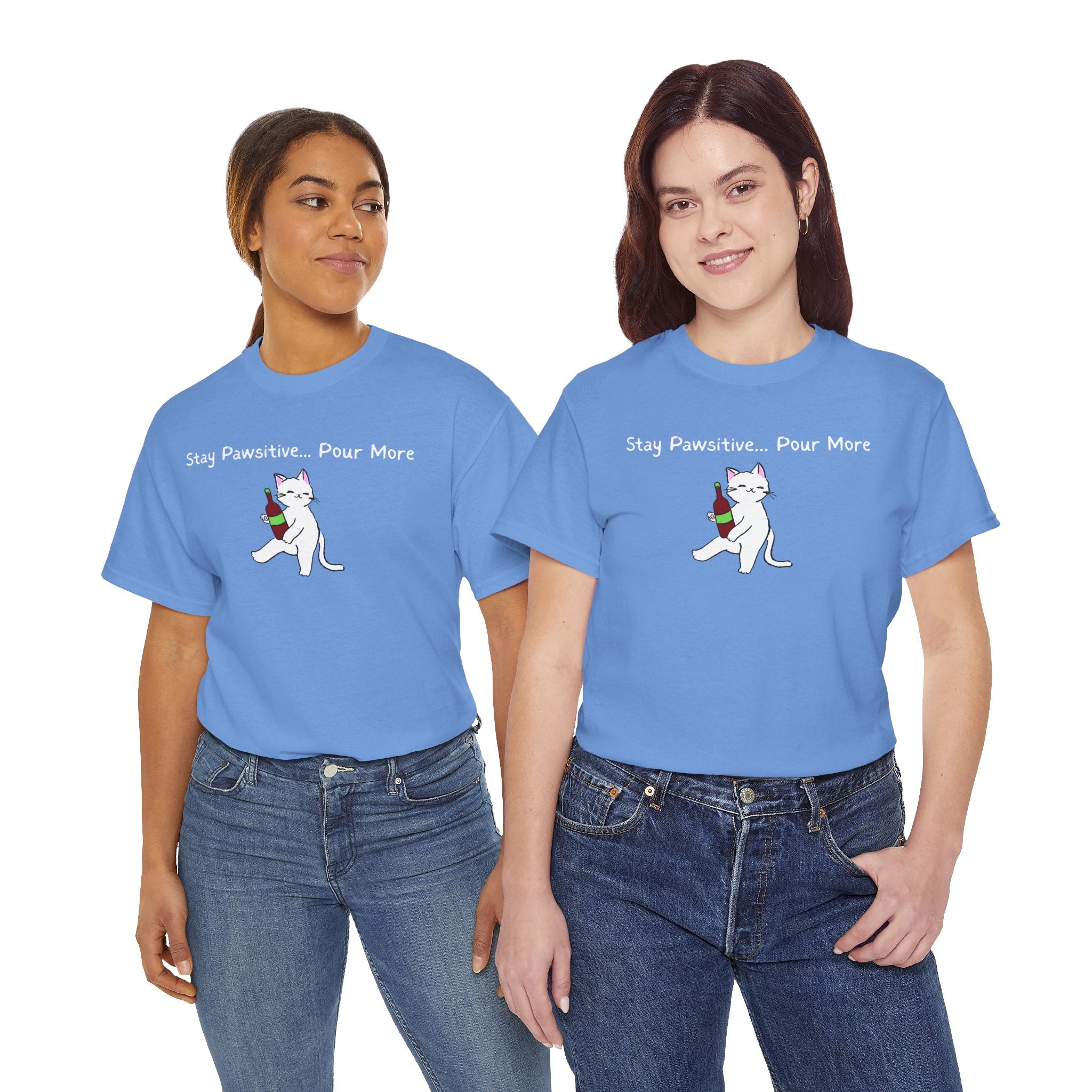 Cat Wine Tee - "Stay Pawsitive Pour More" Funny Cat Drinking T-Shirt