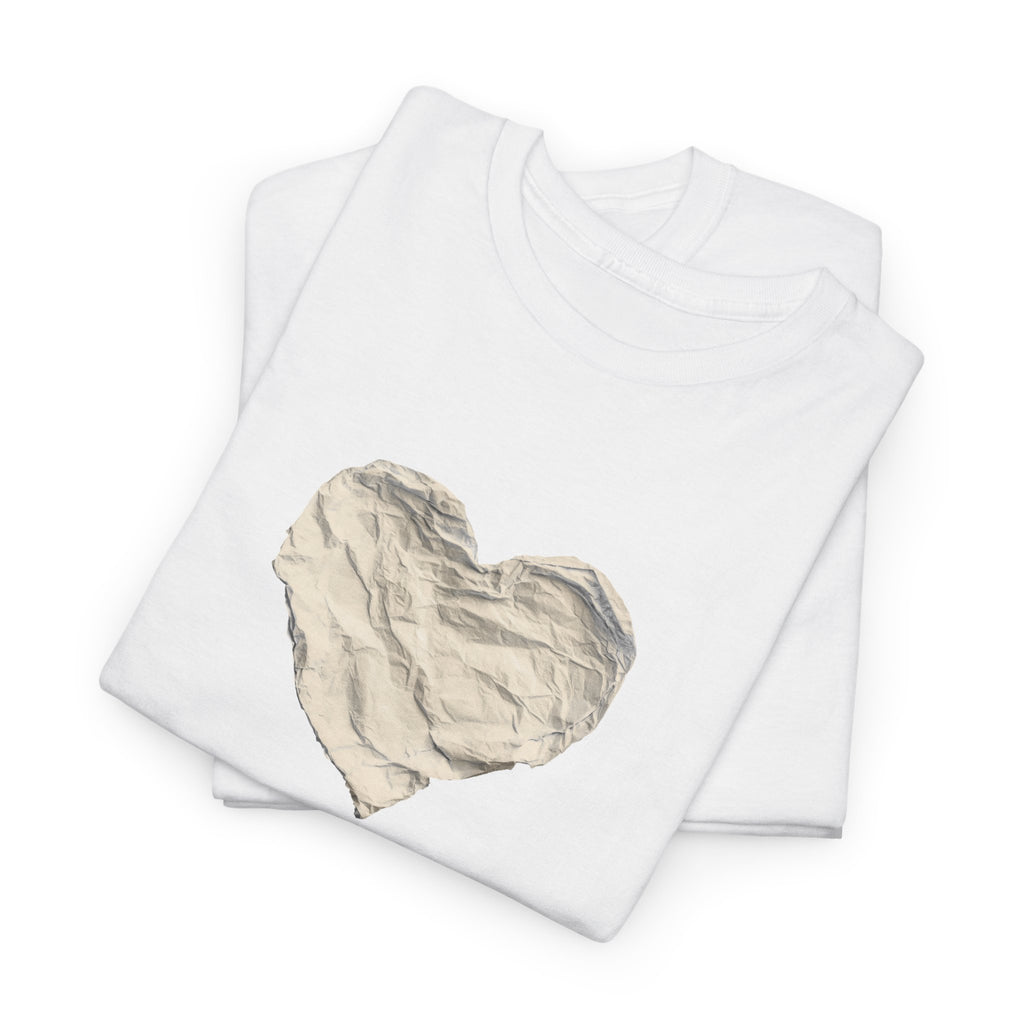 Crinkled Paper Heart Tee - Minimalist White Cotton Shirt