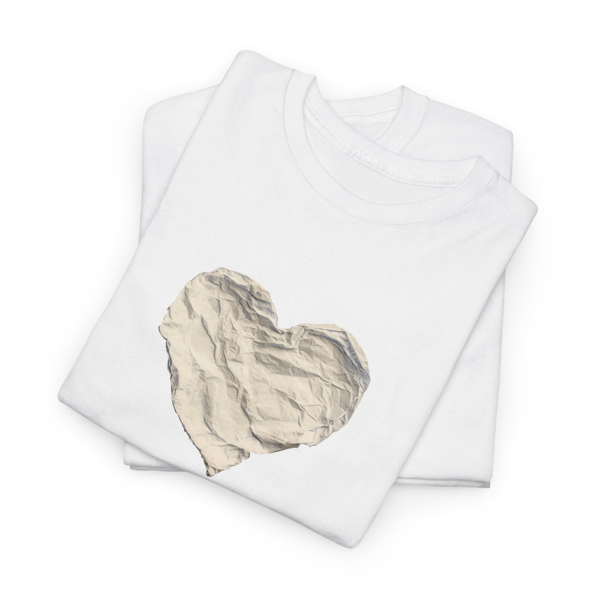 Crinkled Paper Heart Tee - Minimalist White Cotton Shirt