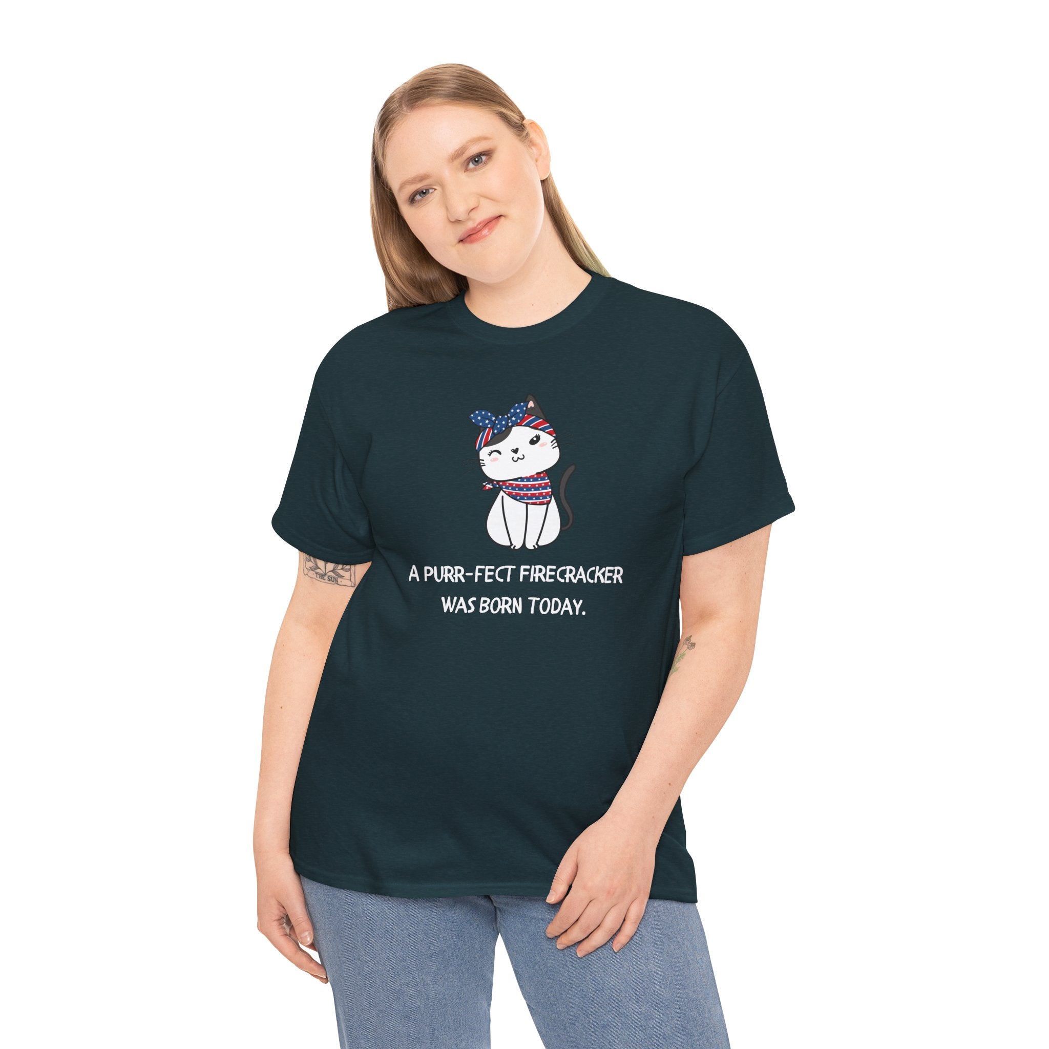 Cat Birthday Tee — "A Purr-fect Firecracker Was Born Today"