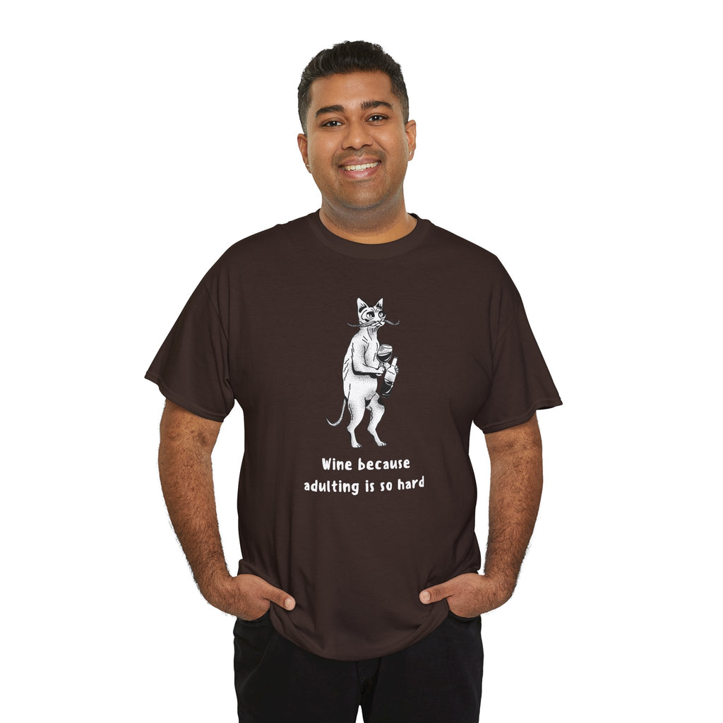 T-Shirt — 'Wine because adulting is so hard' Cat Wine Graphic Tee