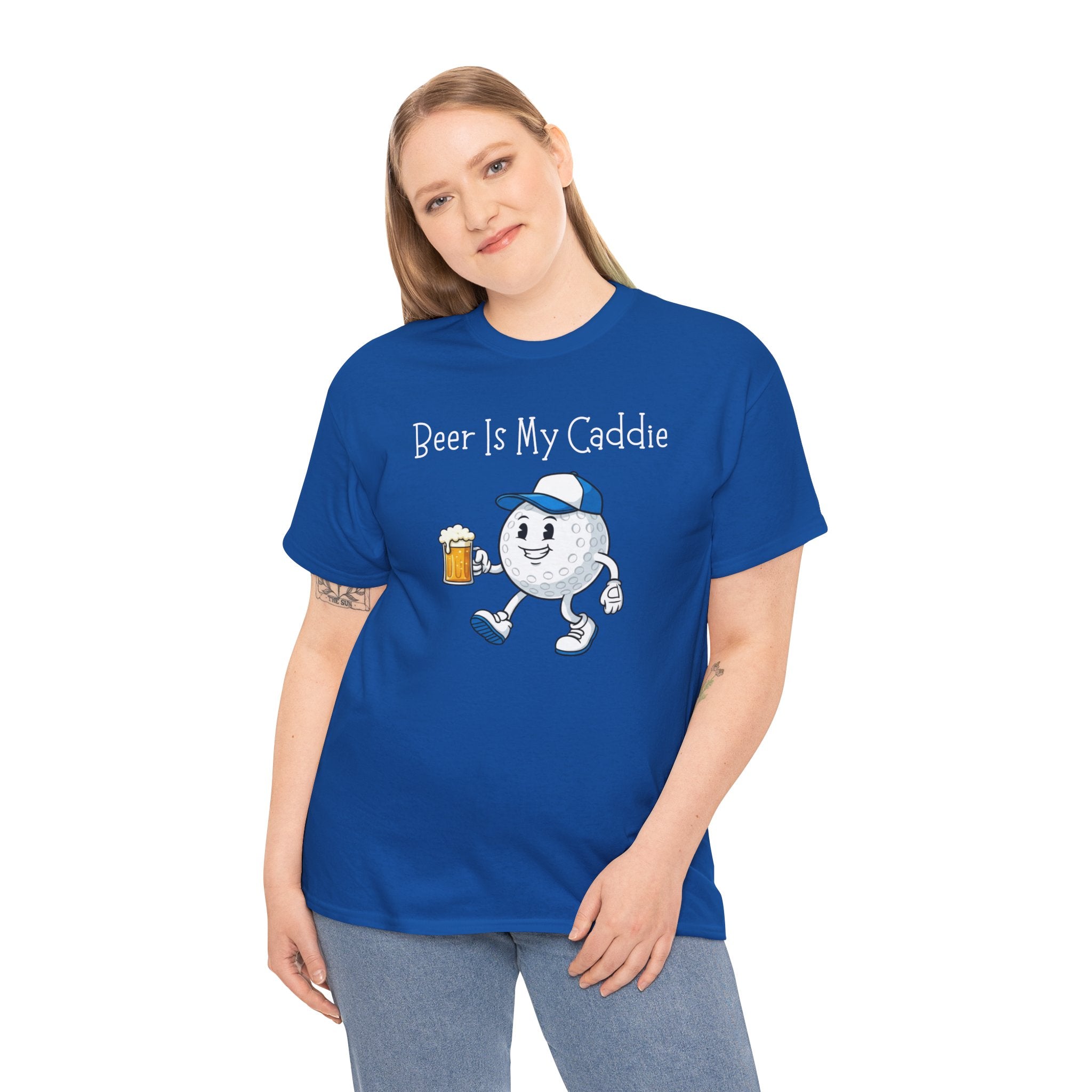 Golf Ball Cartoon Tee — "Beer Is My Caddie" Funny Golf Shirt