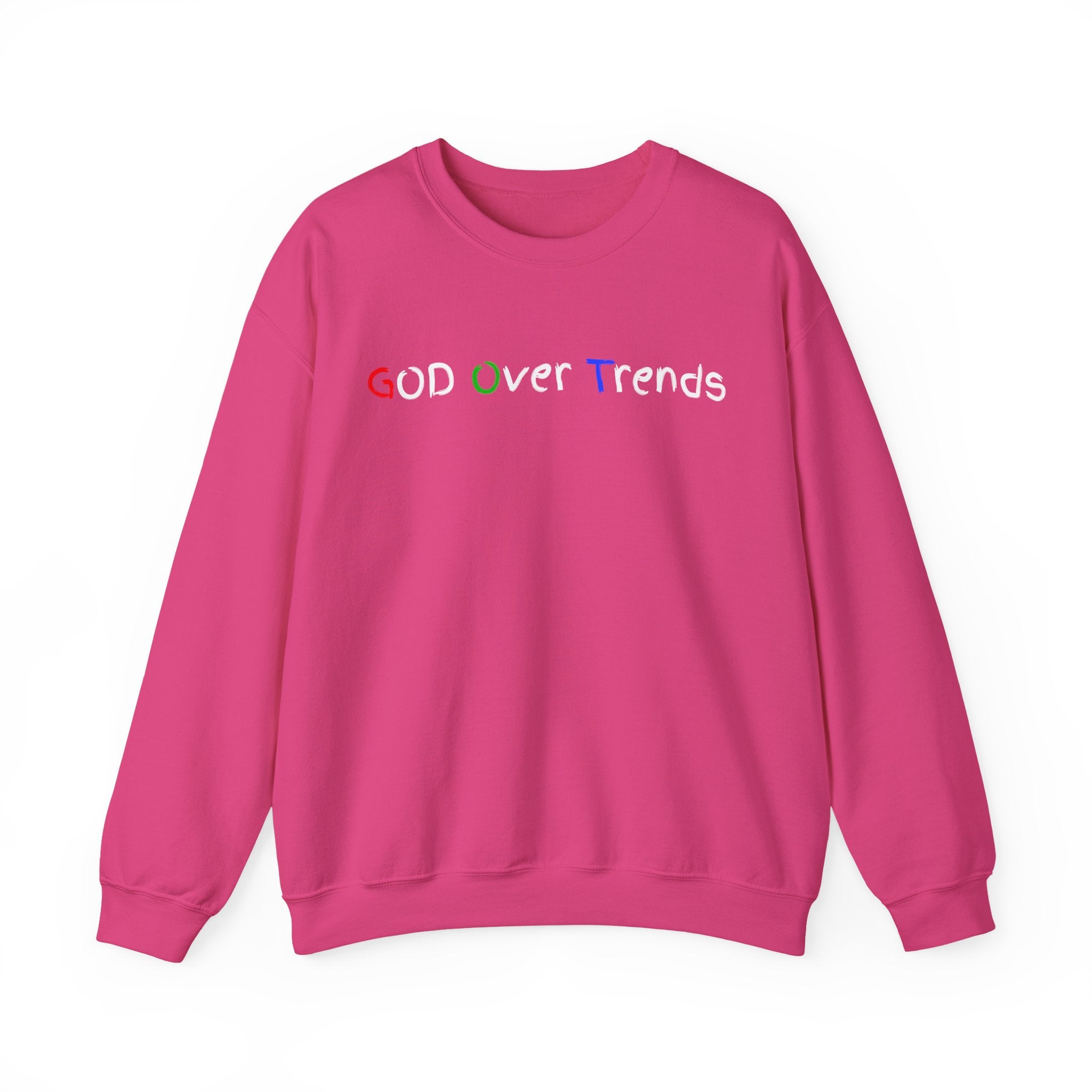 Crewneck Sweatshirt — "GOD over Trends" Colorful Faith Graphic