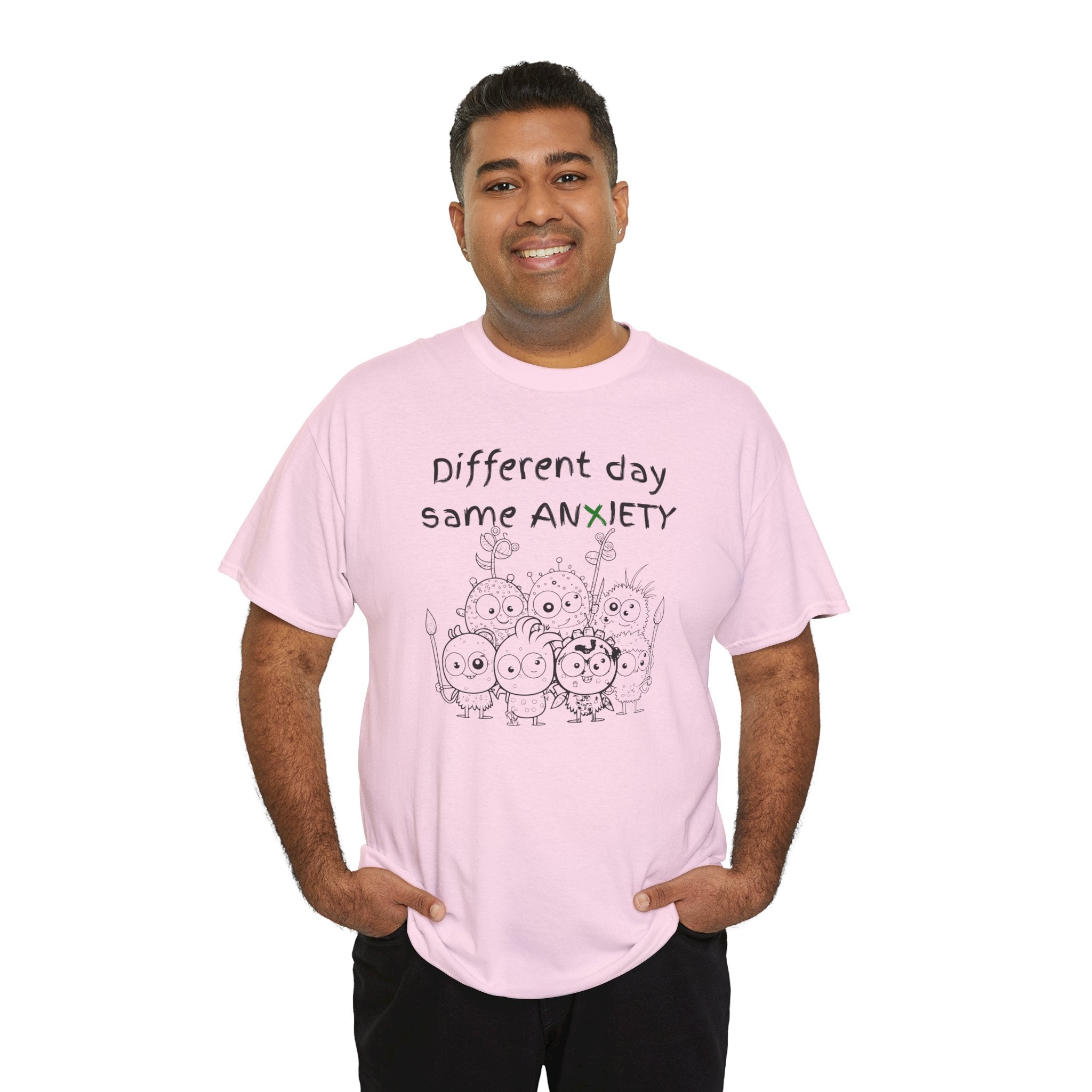 Anxiety Cartoon Tee — "Different day same ANXIETY" Mental Health Graphic T-Shirt