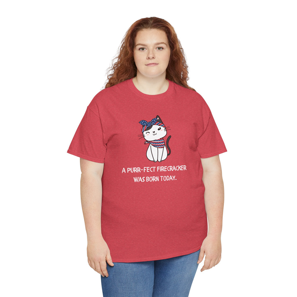 Cat Birthday Tee — "A Purr-fect Firecracker Was Born Today"