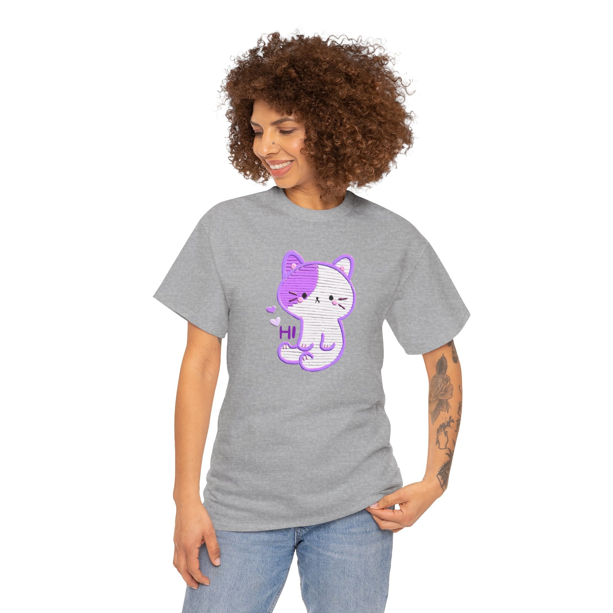 Cute Purple Cat “Hi” T-Shirt — Kawaii Kitten Graphic Tee