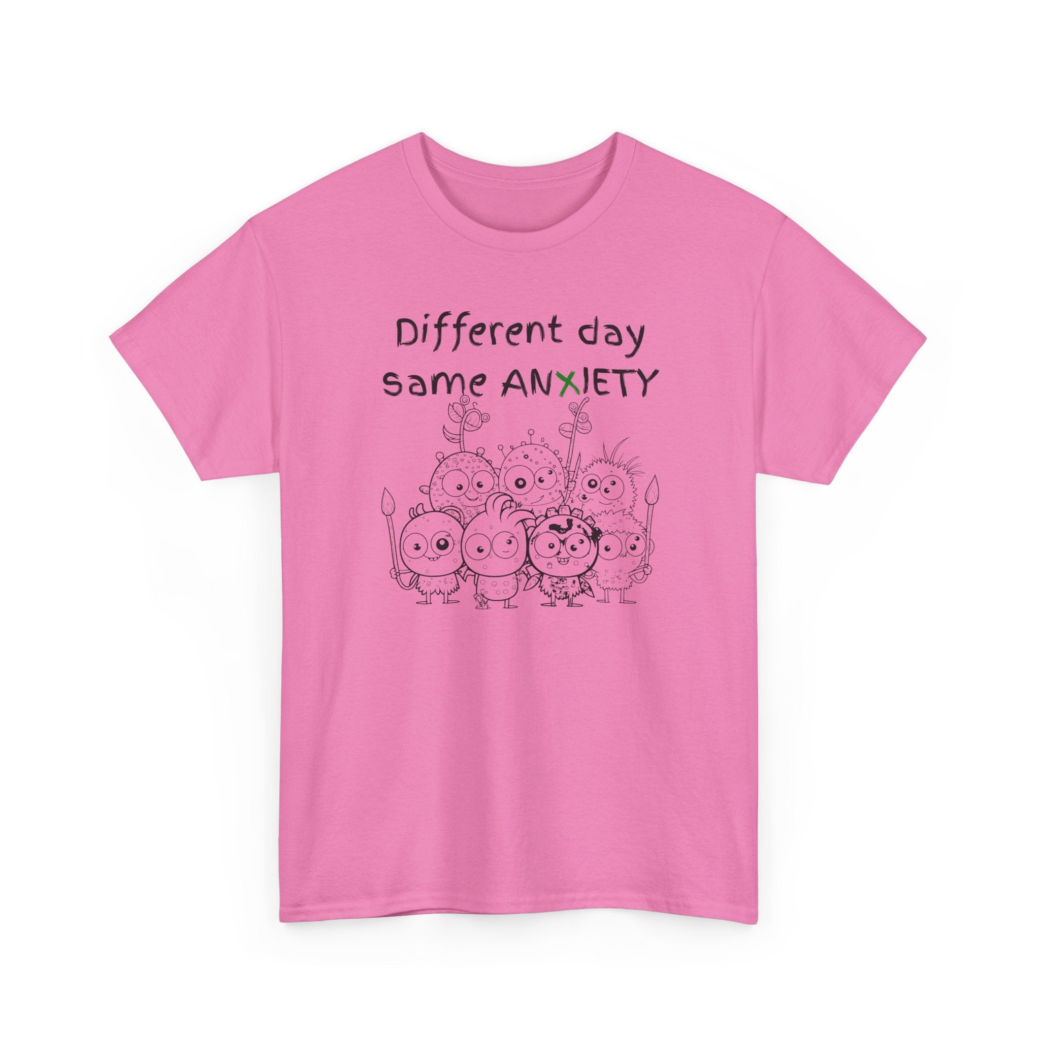 Anxiety Cartoon Tee — "Different day same ANXIETY" Mental Health Graphic T-Shirt