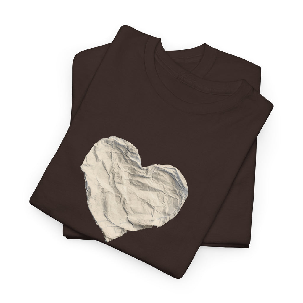 Crinkled Paper Heart Tee - Minimalist White Cotton Shirt
