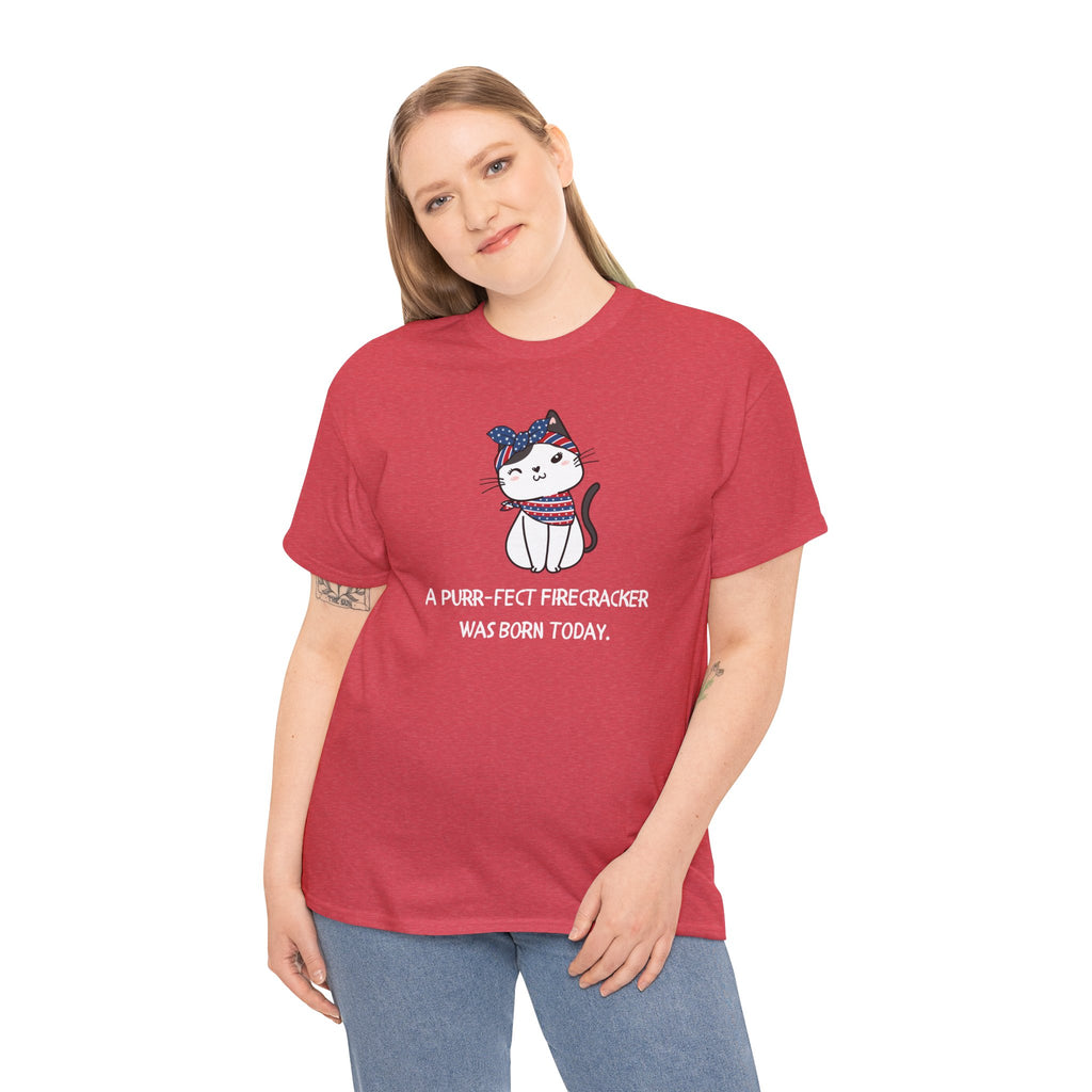 Cat Birthday Tee — "A Purr-fect Firecracker Was Born Today"
