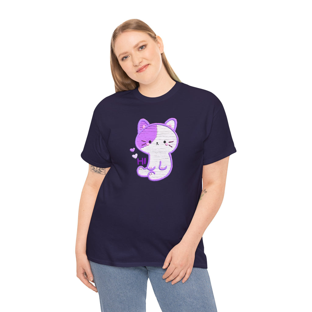 Cute Purple Cat “Hi” T-Shirt — Kawaii Kitten Graphic Tee