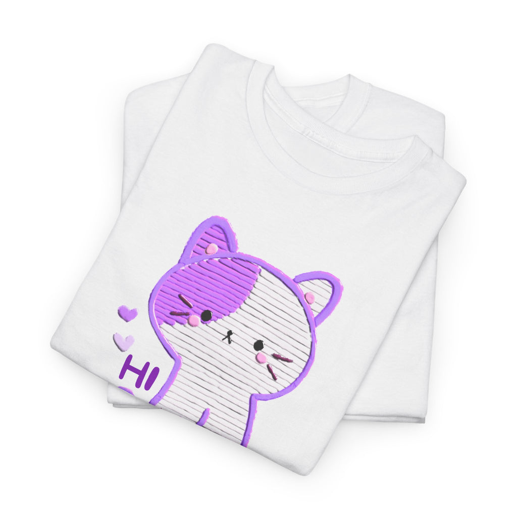 Cute Purple Cat “Hi” T-Shirt — Kawaii Kitten Graphic Tee