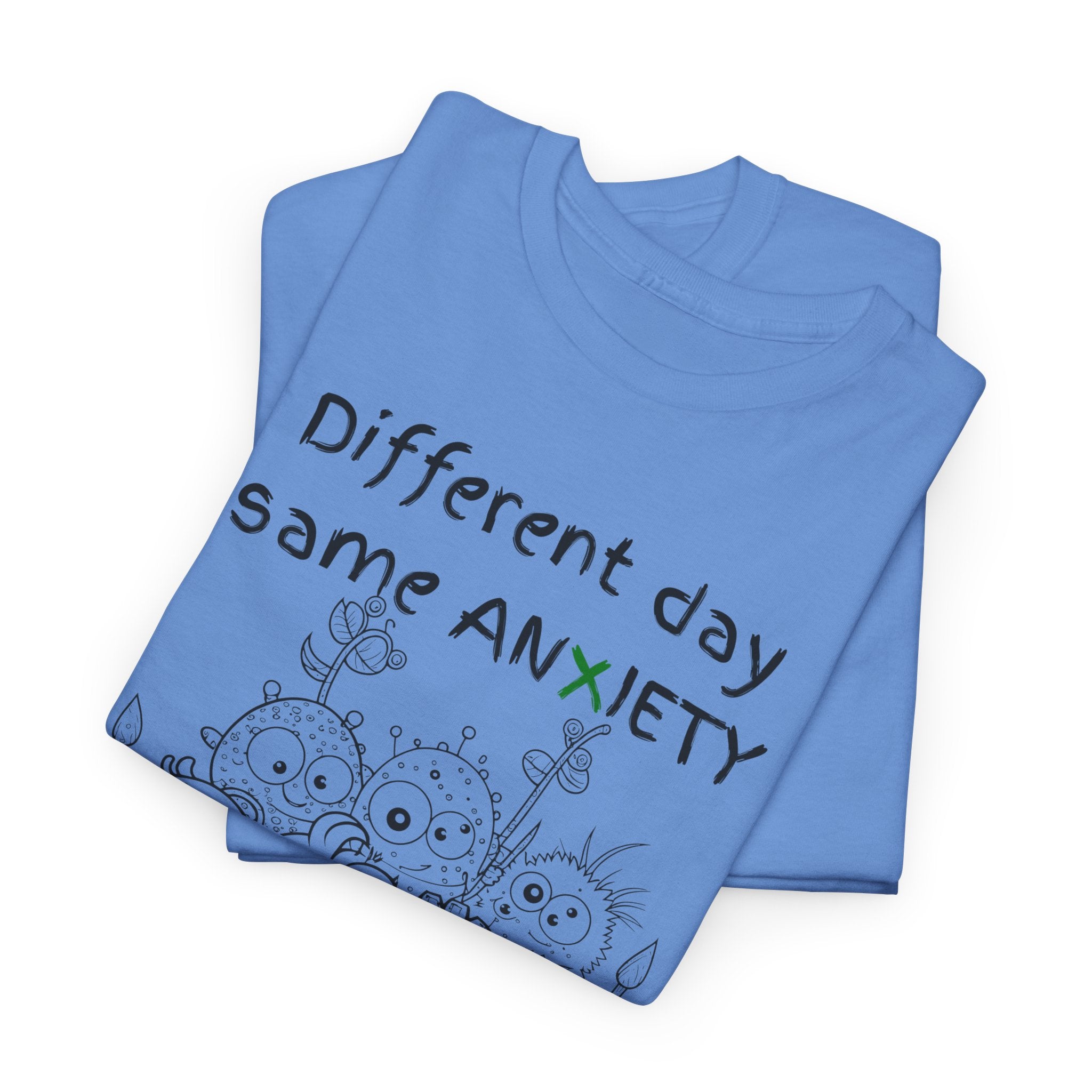 Anxiety Cartoon Tee — "Different day same ANXIETY" Mental Health Graphic T-Shirt
