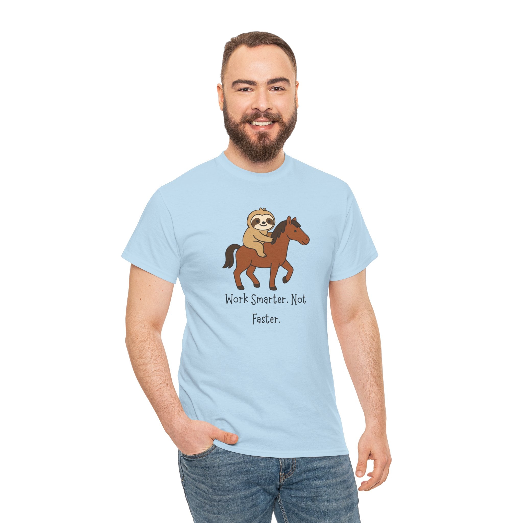Sloth on Horse Tee — "Work Smarter, Not Faster" Cute Casual Graphic T-Shirt