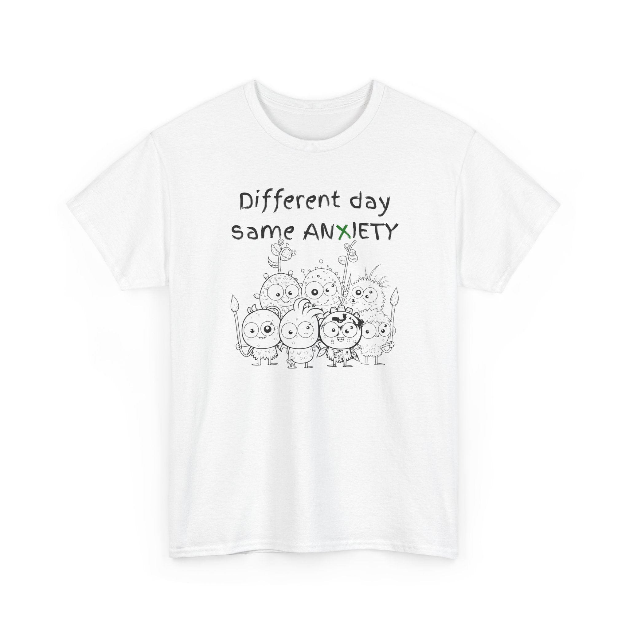 Anxiety Cartoon Tee — "Different day same ANXIETY" Mental Health Graphic T-Shirt