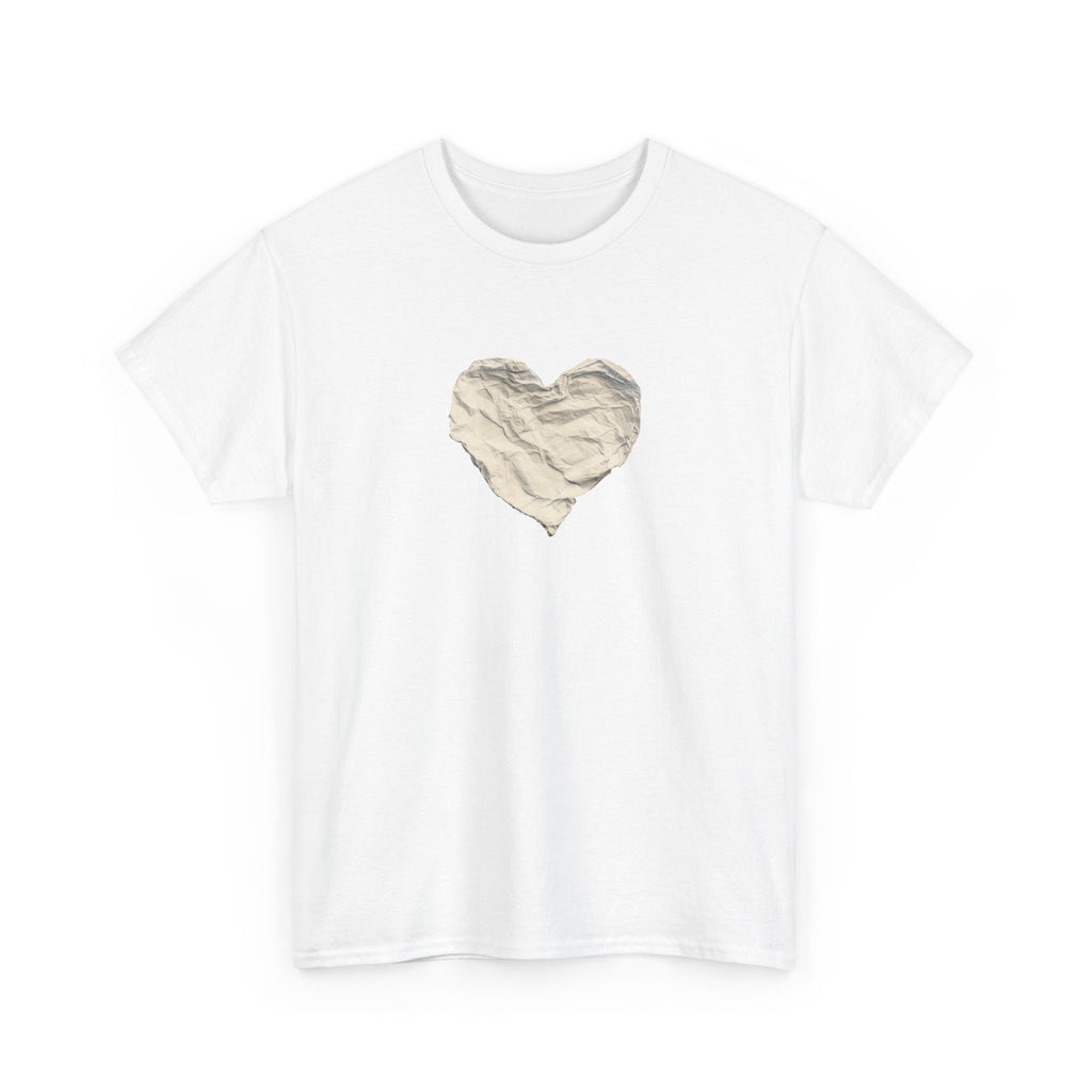 Crinkled Paper Heart Tee - Minimalist White Cotton Shirt