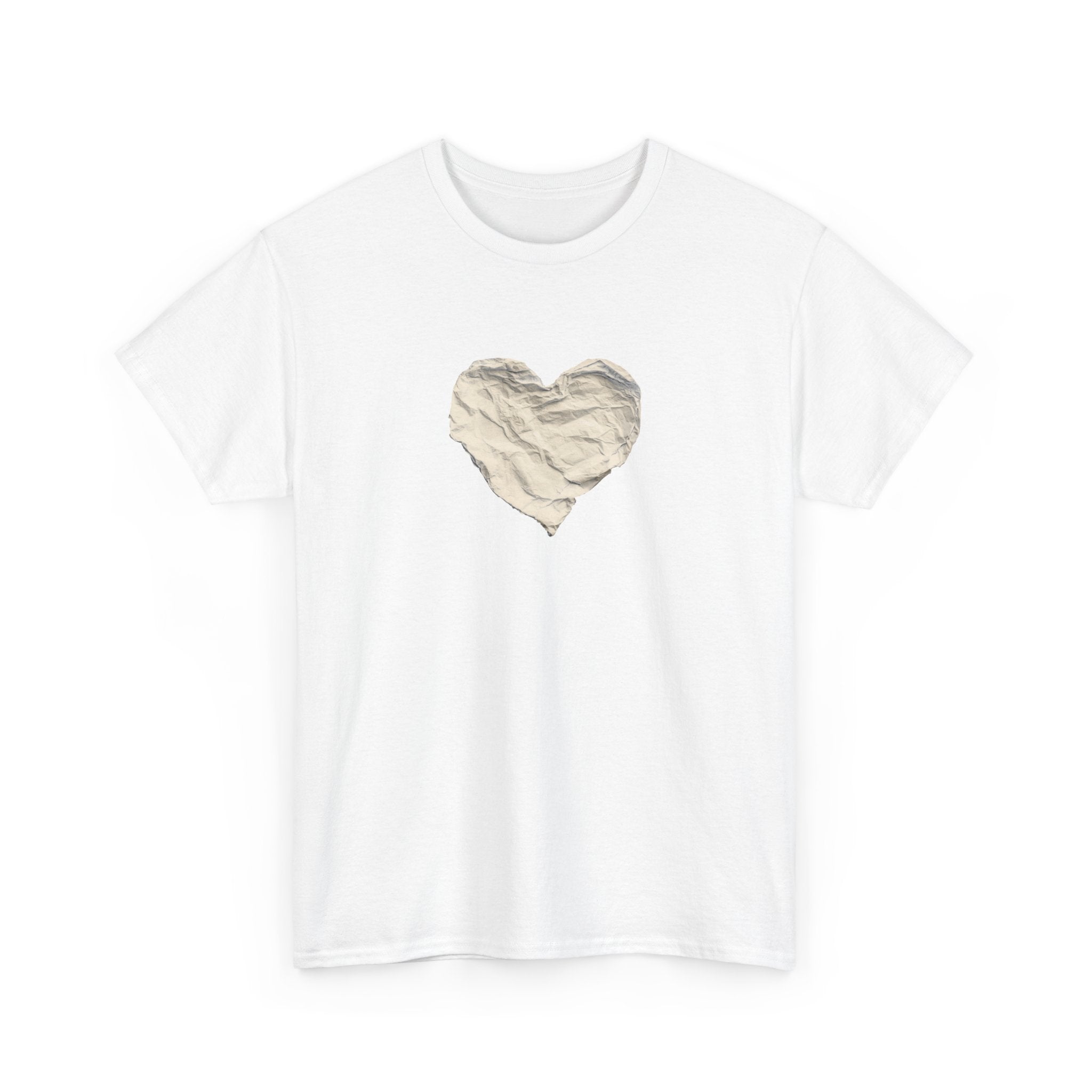 Crinkled Paper Heart Tee - Minimalist White Cotton Shirt