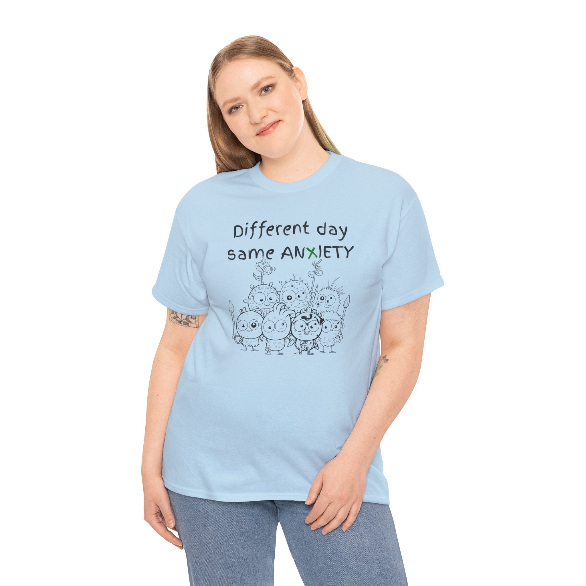 Anxiety Cartoon Tee — "Different day same ANXIETY" Mental Health Graphic T-Shirt