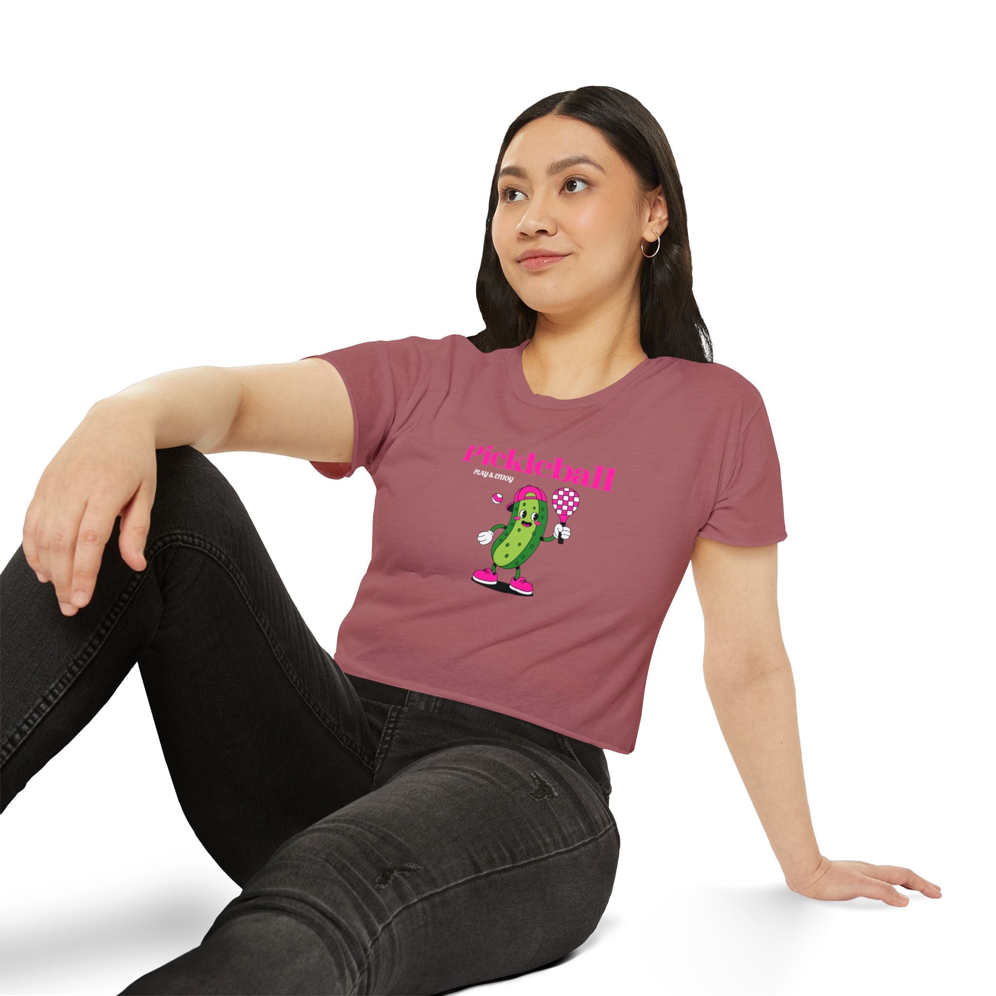 Pickleball Festival Crop Top — Cute Pickle Character Graphic Tee for Women