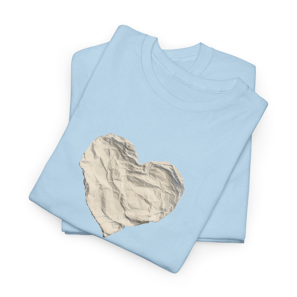Crinkled Paper Heart Tee - Minimalist White Cotton Shirt