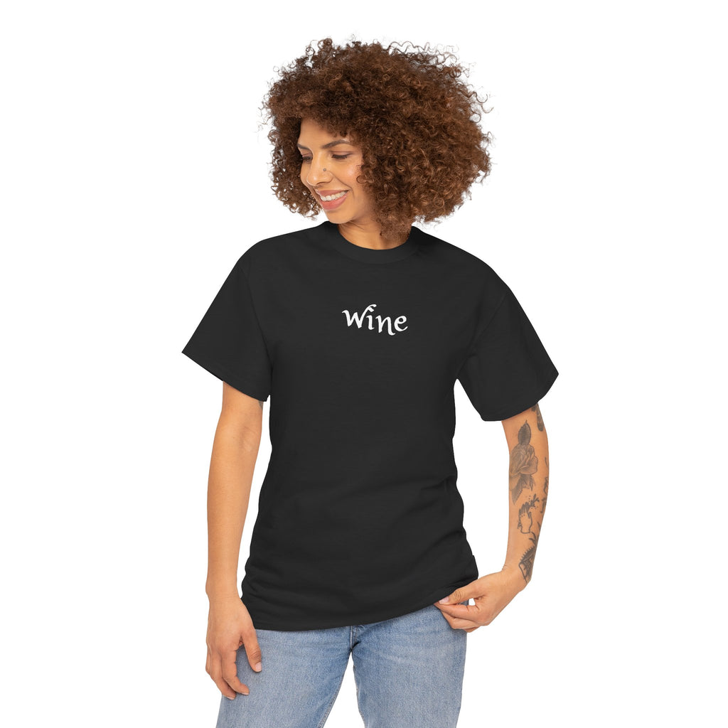 Wine Graphic Tee — Minimalist Small Chest 'wine' Text T‑Shirt