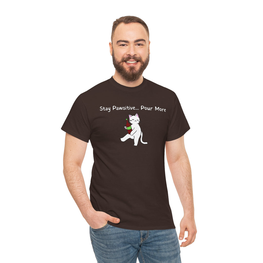 Cat Wine Tee - "Stay Pawsitive Pour More" Funny Cat Drinking T-Shirt