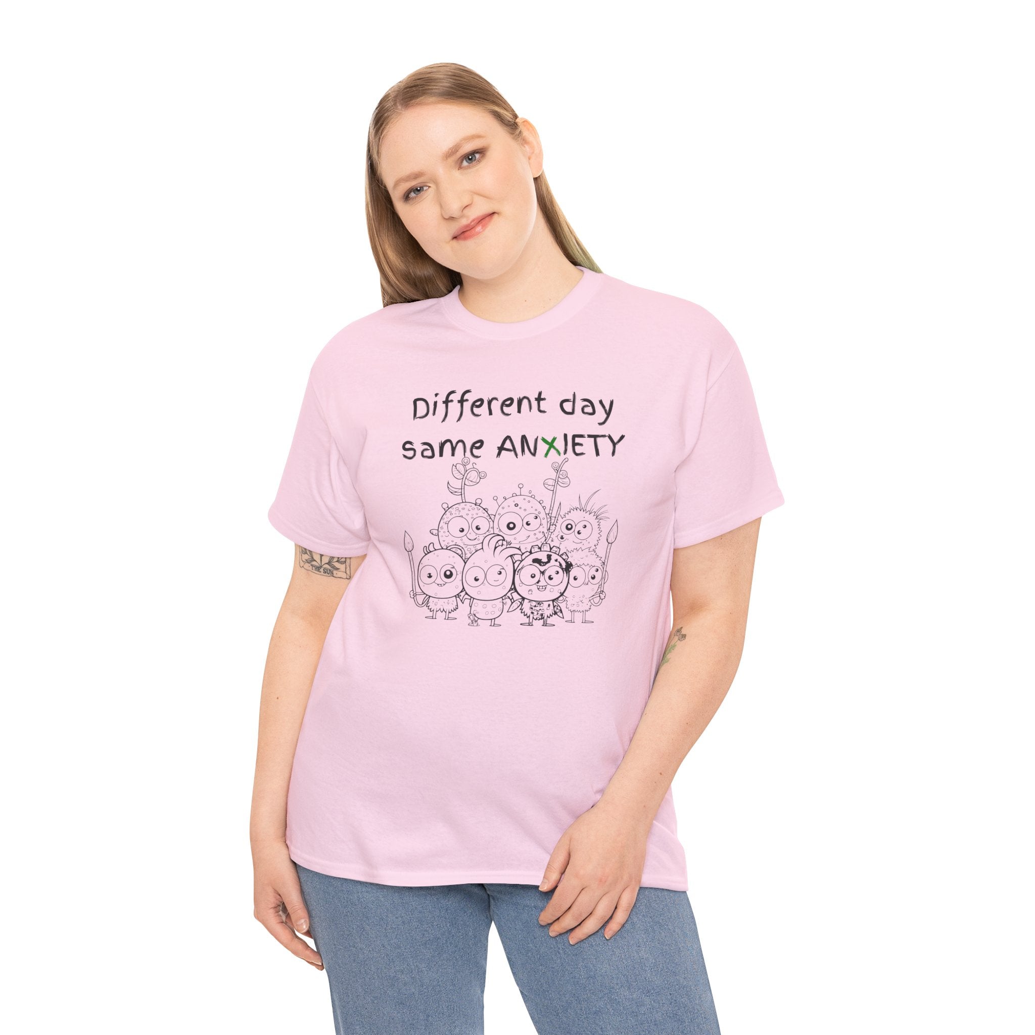 Anxiety Cartoon Tee — "Different day same ANXIETY" Mental Health Graphic T-Shirt