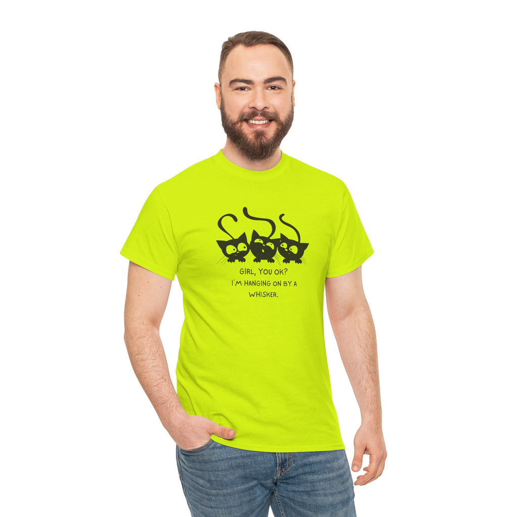 Cat Trio T‑Shirt – “Girl, You OK? I’m Hanging On By A Whisper” Cute Cat Graphic Tee
