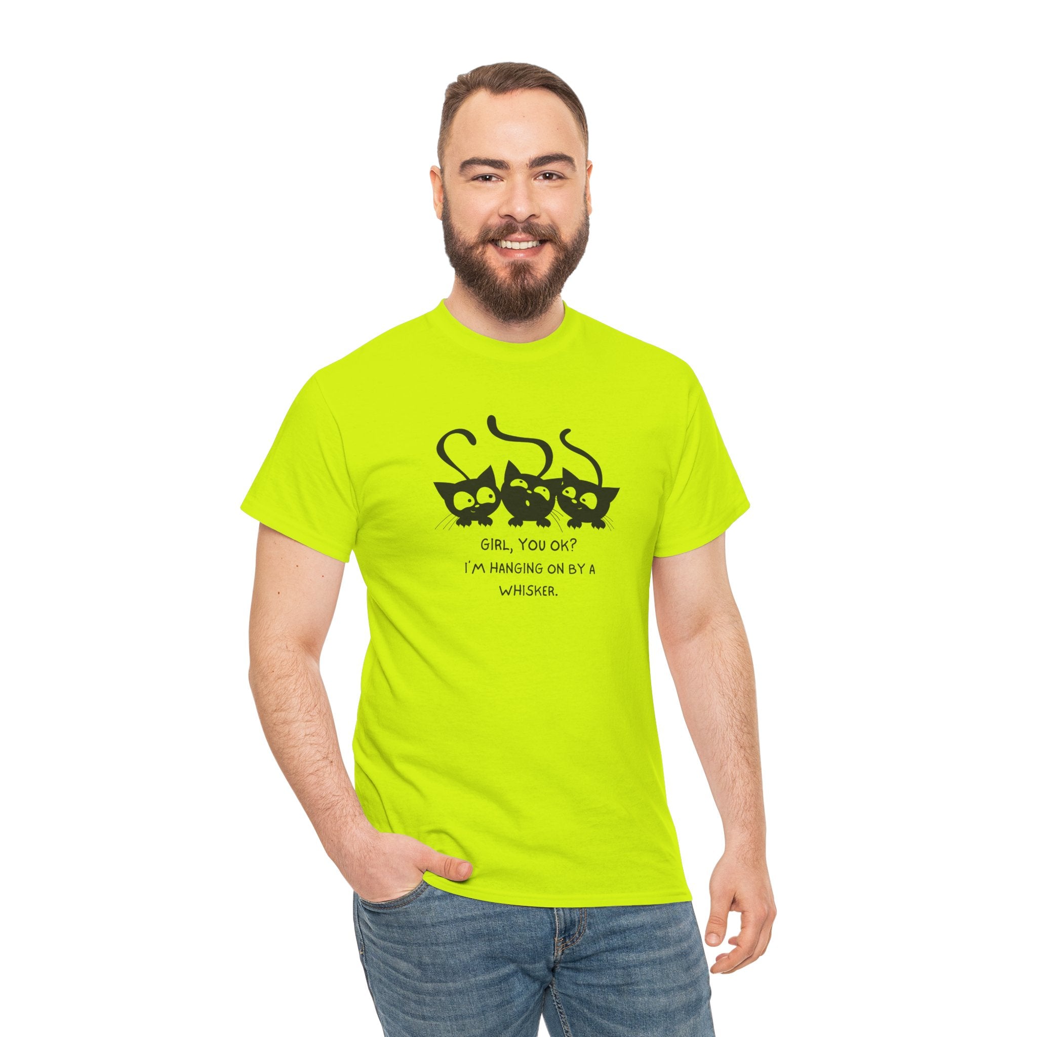 Cat Trio T‑Shirt – “Girl, You OK? I’m Hanging On By A Whisper” Cute Cat Graphic Tee