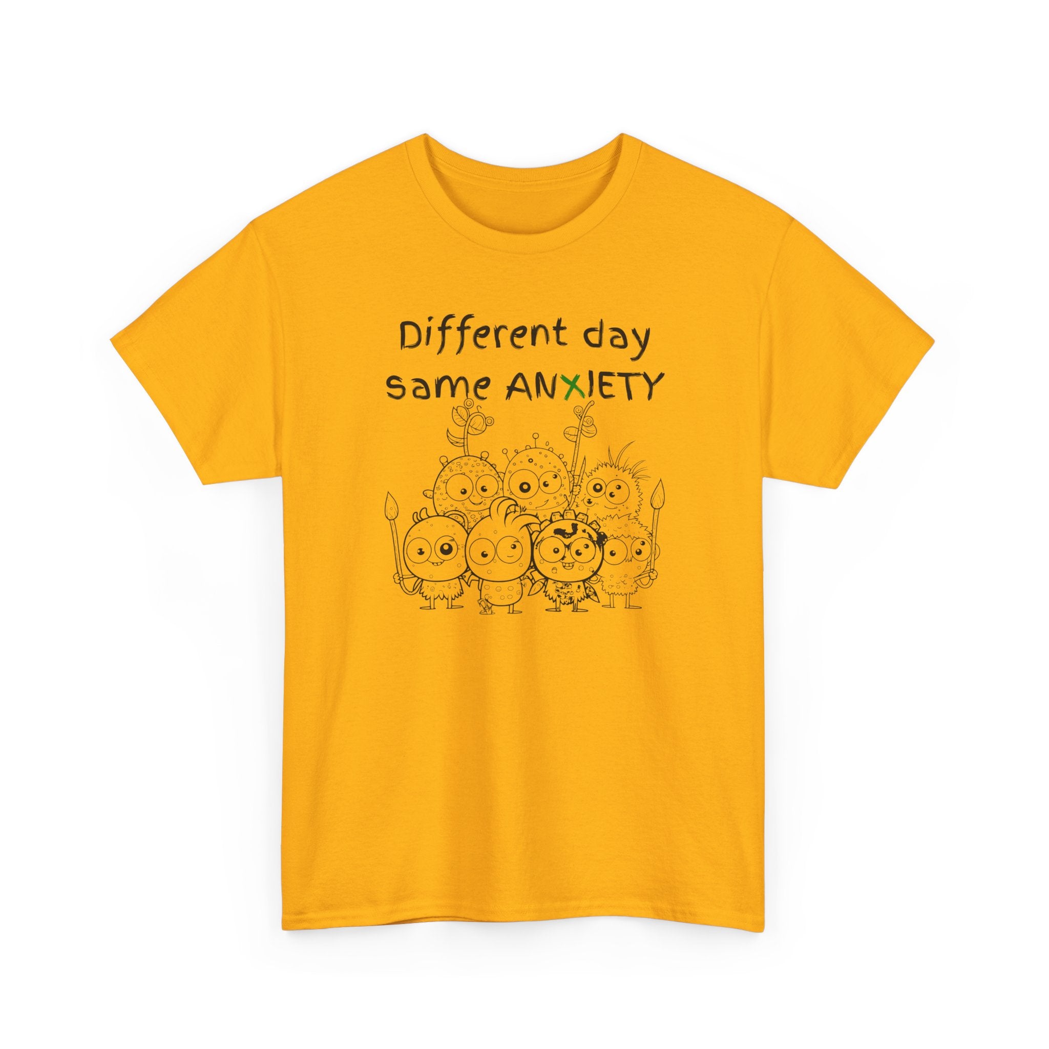 Anxiety Cartoon Tee — "Different day same ANXIETY" Mental Health Graphic T-Shirt