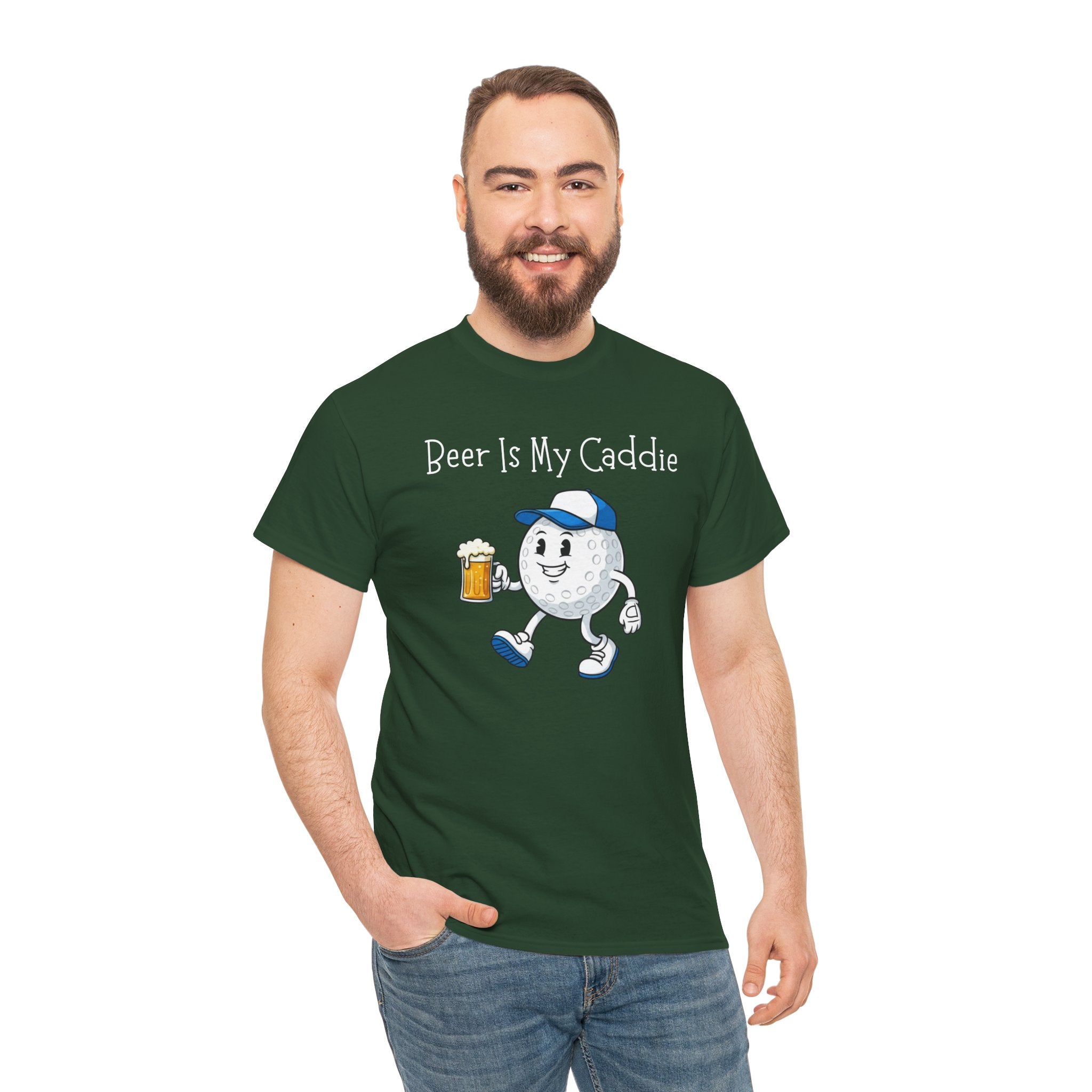 Golf Ball Cartoon Tee — "Beer Is My Caddie" Funny Golf Shirt