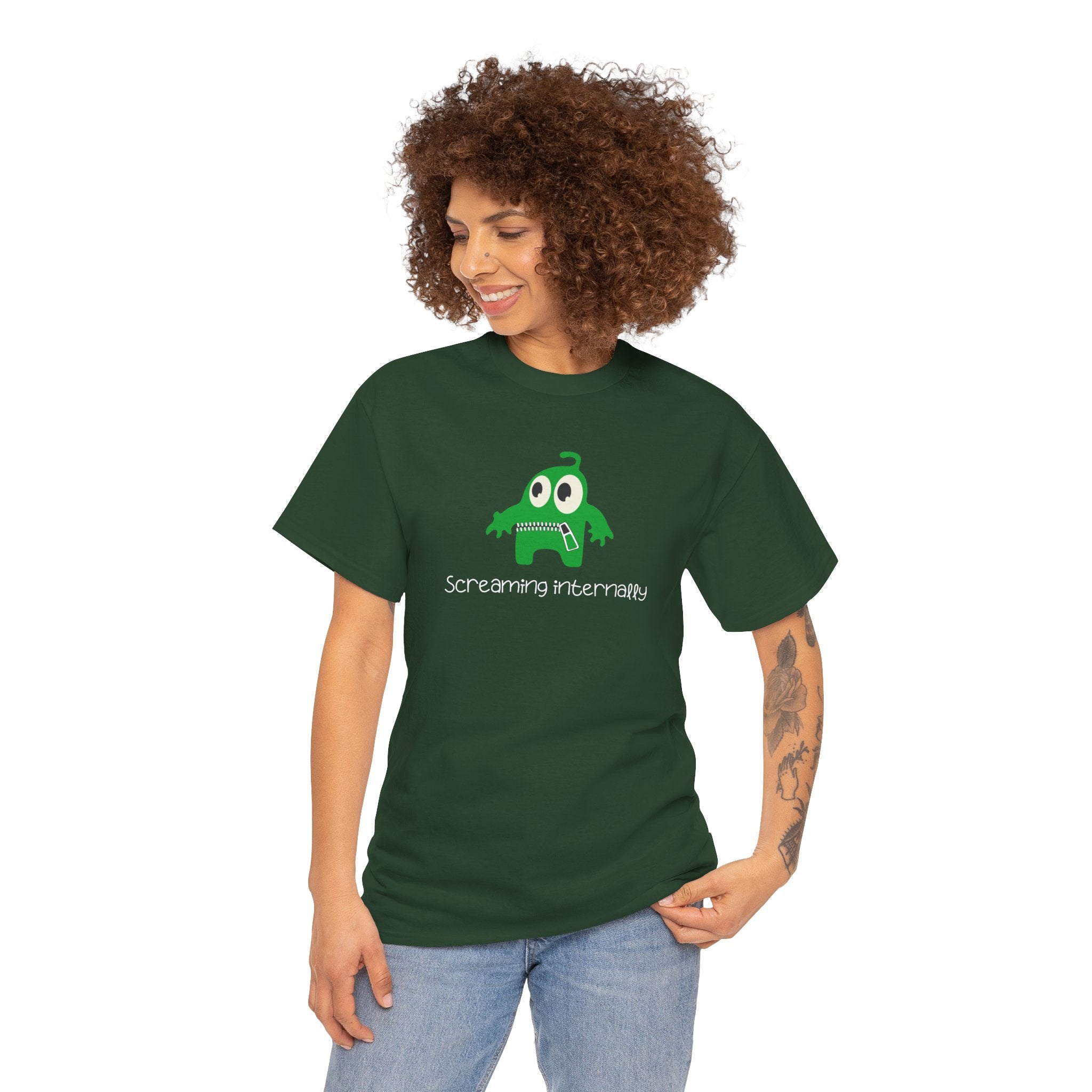 Screaming Internally Tee — Cute Green Monster Graphic Shirt
