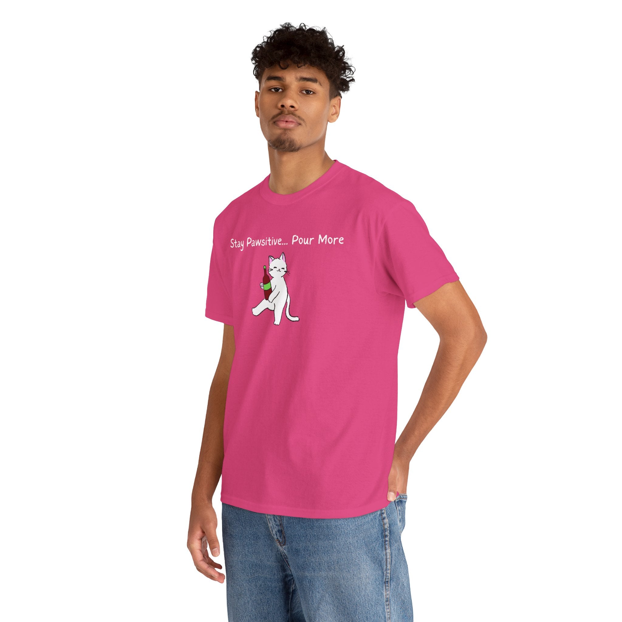 Cat Wine Tee - "Stay Pawsitive Pour More" Funny Cat Drinking T-Shirt