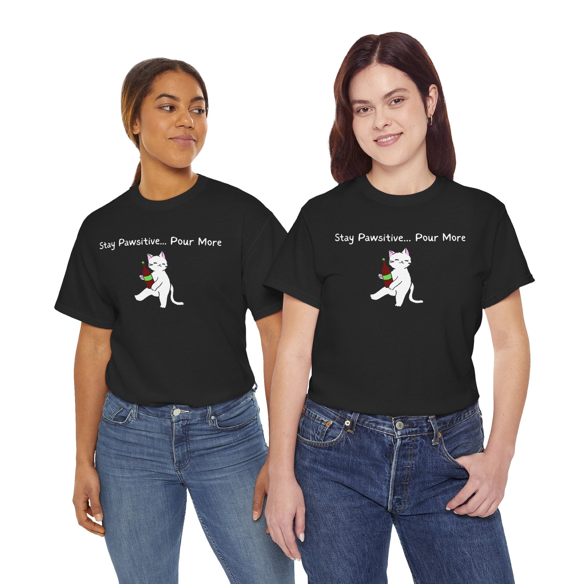 Cat Wine Tee - "Stay Pawsitive Pour More" Funny Cat Drinking T-Shirt