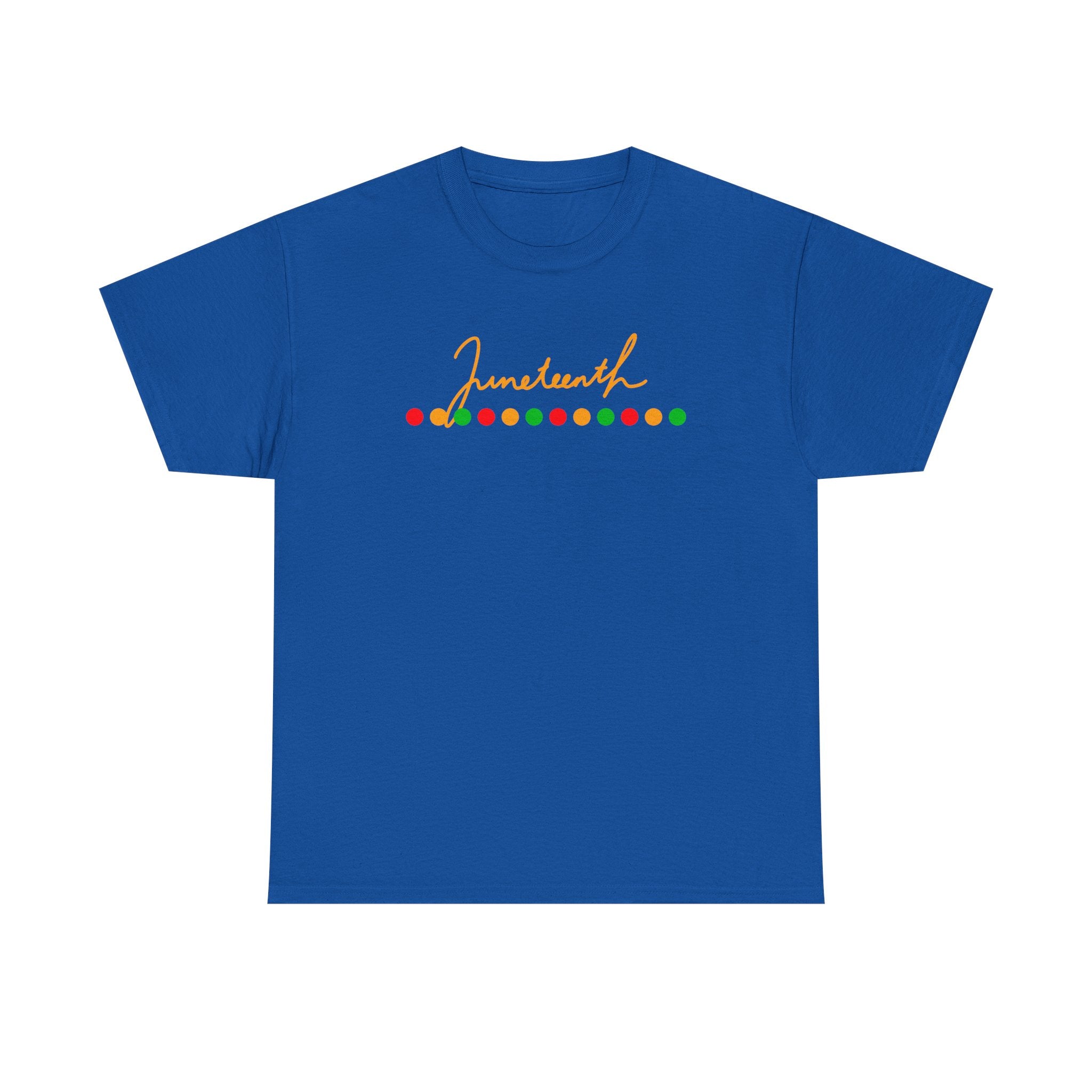 Juneteenth Script Tee — Juneteenth Celebration T-Shirt with Red, Green & Gold Dot Accent