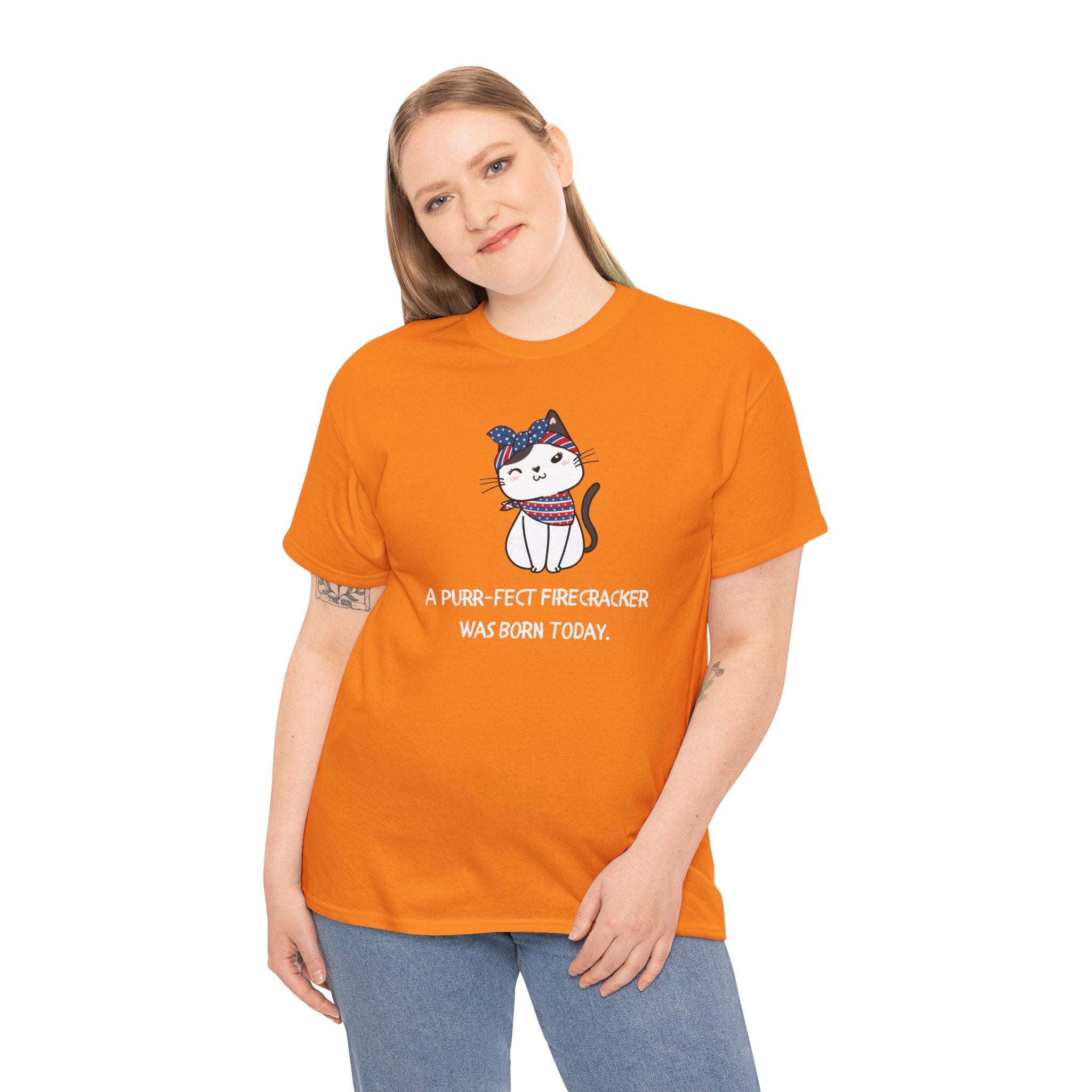 Cat Birthday Tee — "A Purr-fect Firecracker Was Born Today"