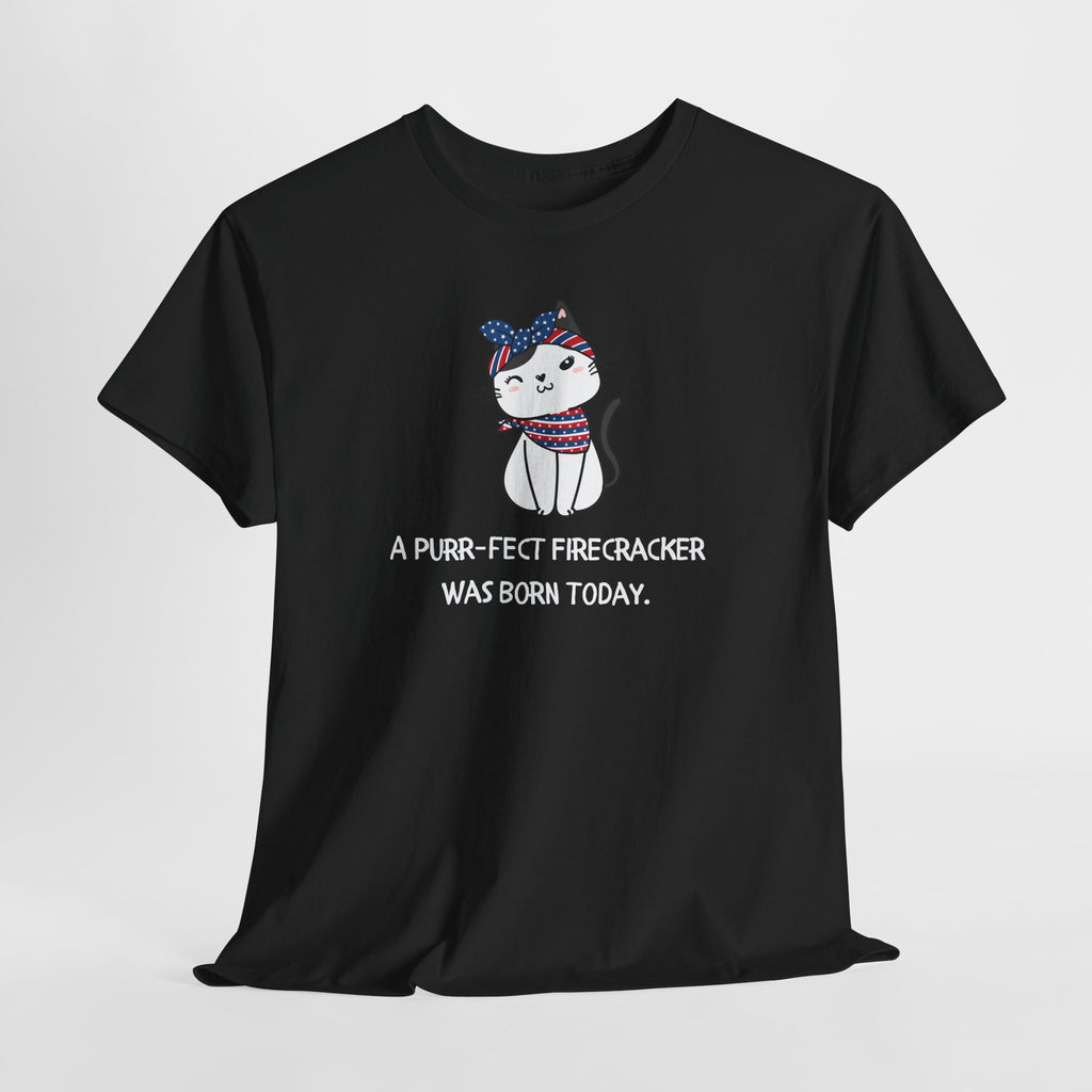 Cat Birthday Tee — "A Purr-fect Firecracker Was Born Today"