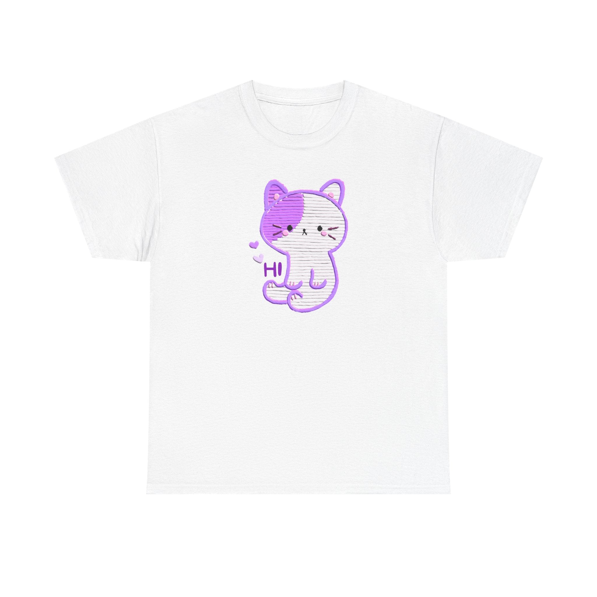 Cute Purple Cat “Hi” T-Shirt — Kawaii Kitten Graphic Tee