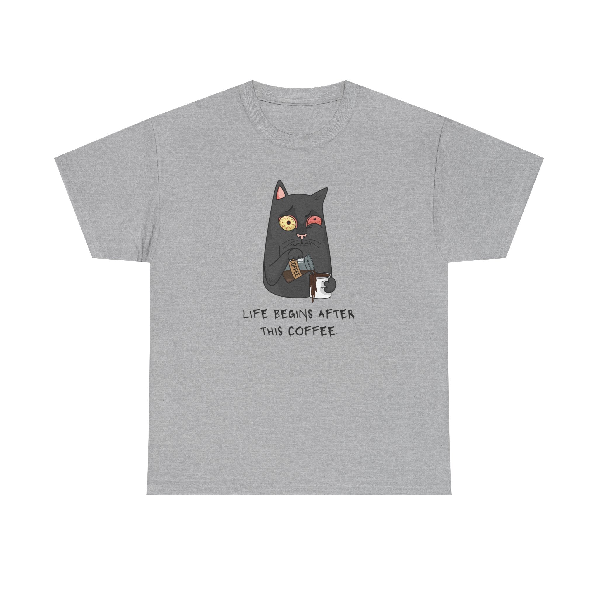 Cat Coffee T-Shirt — "Life Begins After This Coffee" Cute Cat Graphic Tee