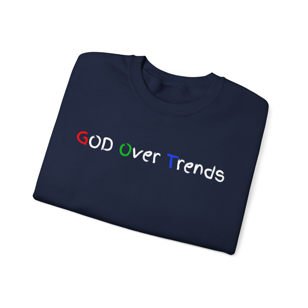 Crewneck Sweatshirt — "GOD over Trends" Colorful Faith Graphic